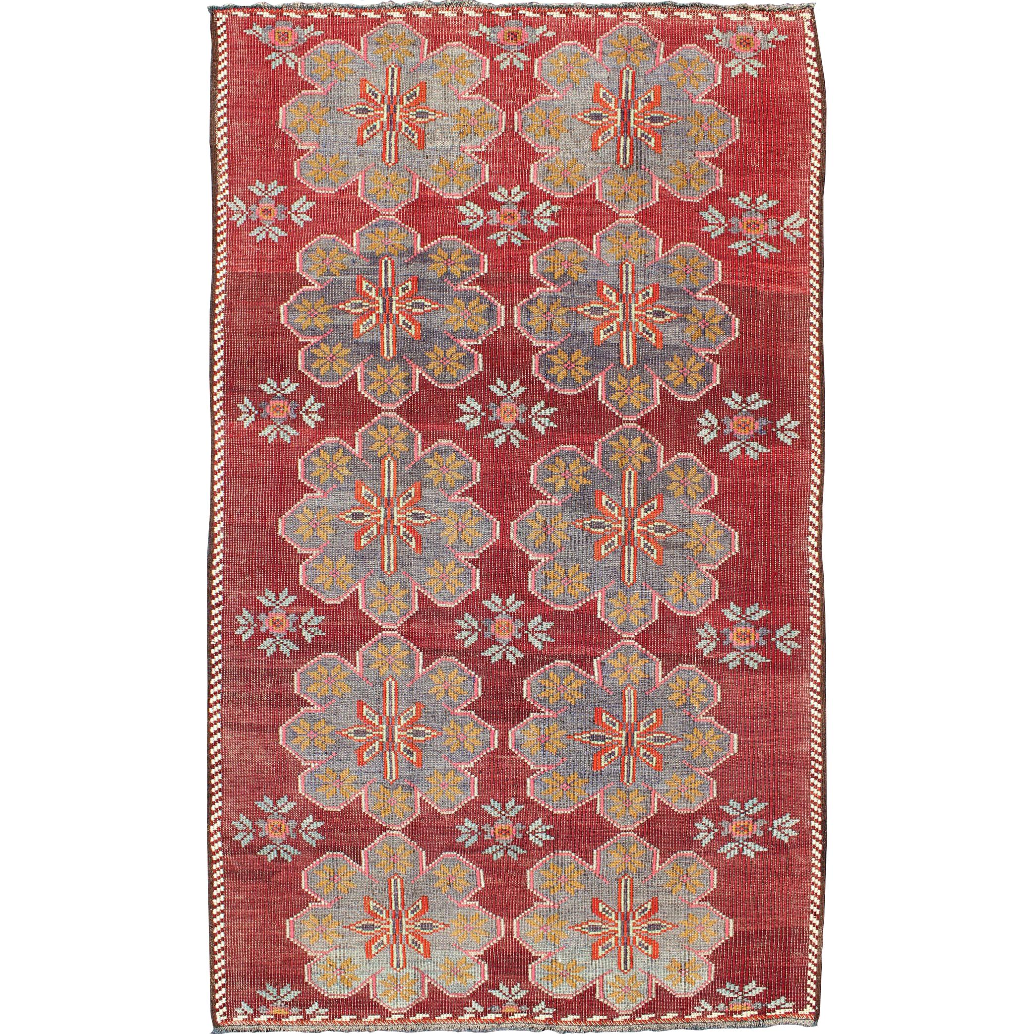 Vintage Turkish Embroidered Kilim Rug in Wine Red, Steel Blue, Pink and Orange 