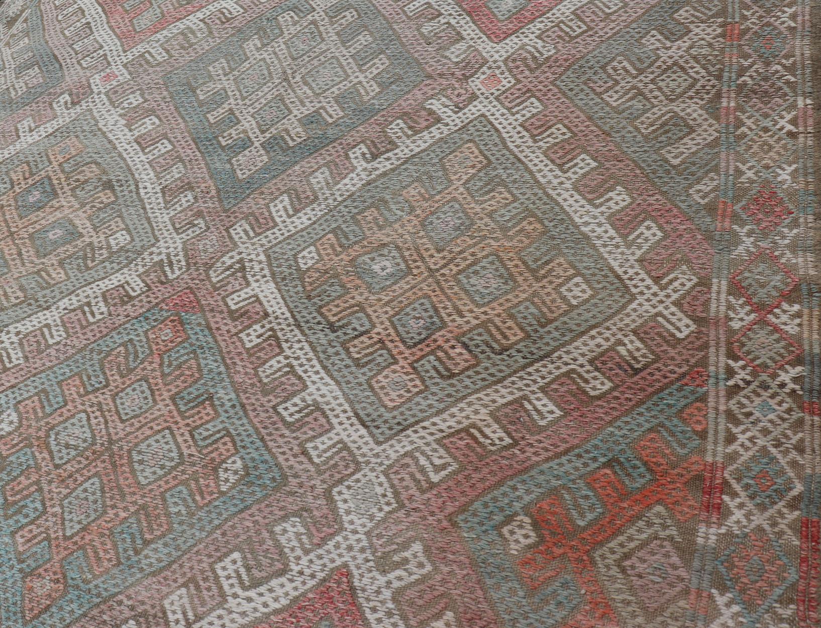 Wool Vintage Turkish Embroidered Kilim Rug with Geometric Diamond Design For Sale