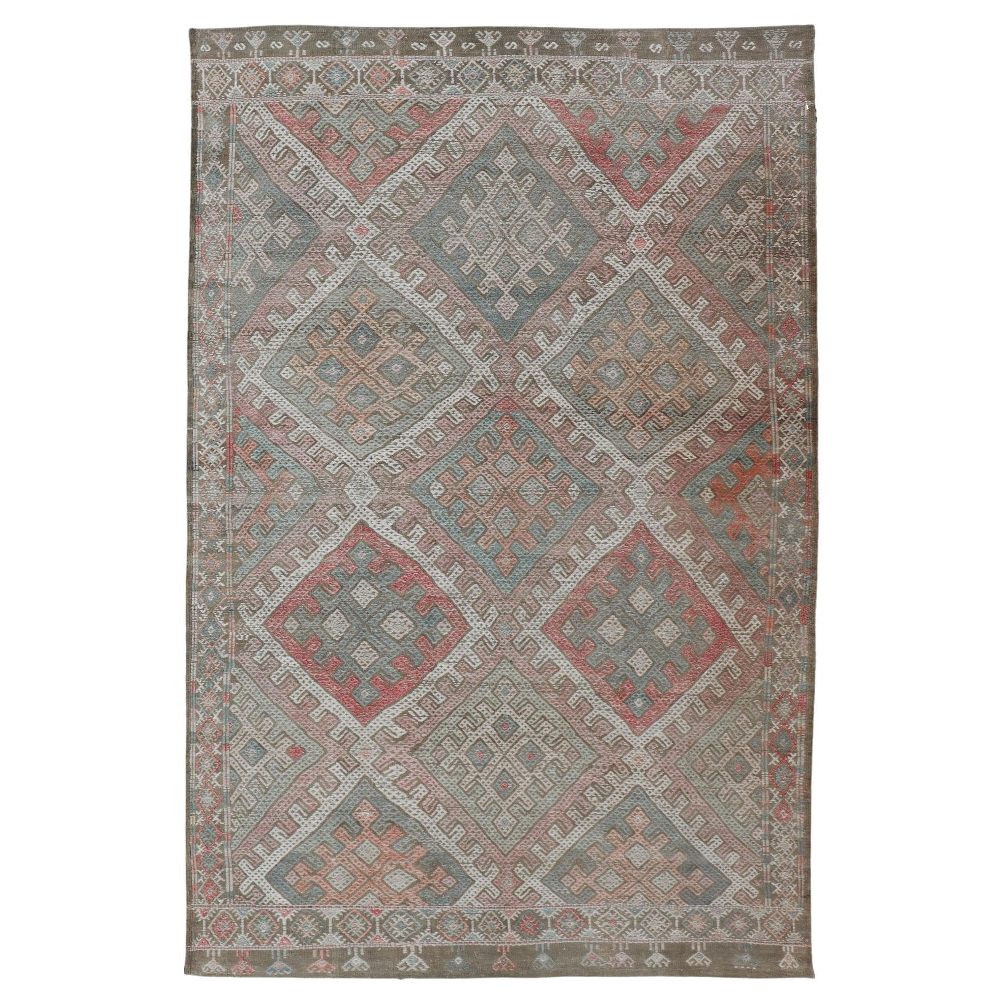 Vintage Turkish Embroidered Kilim Rug with Geometric Diamond Design For Sale