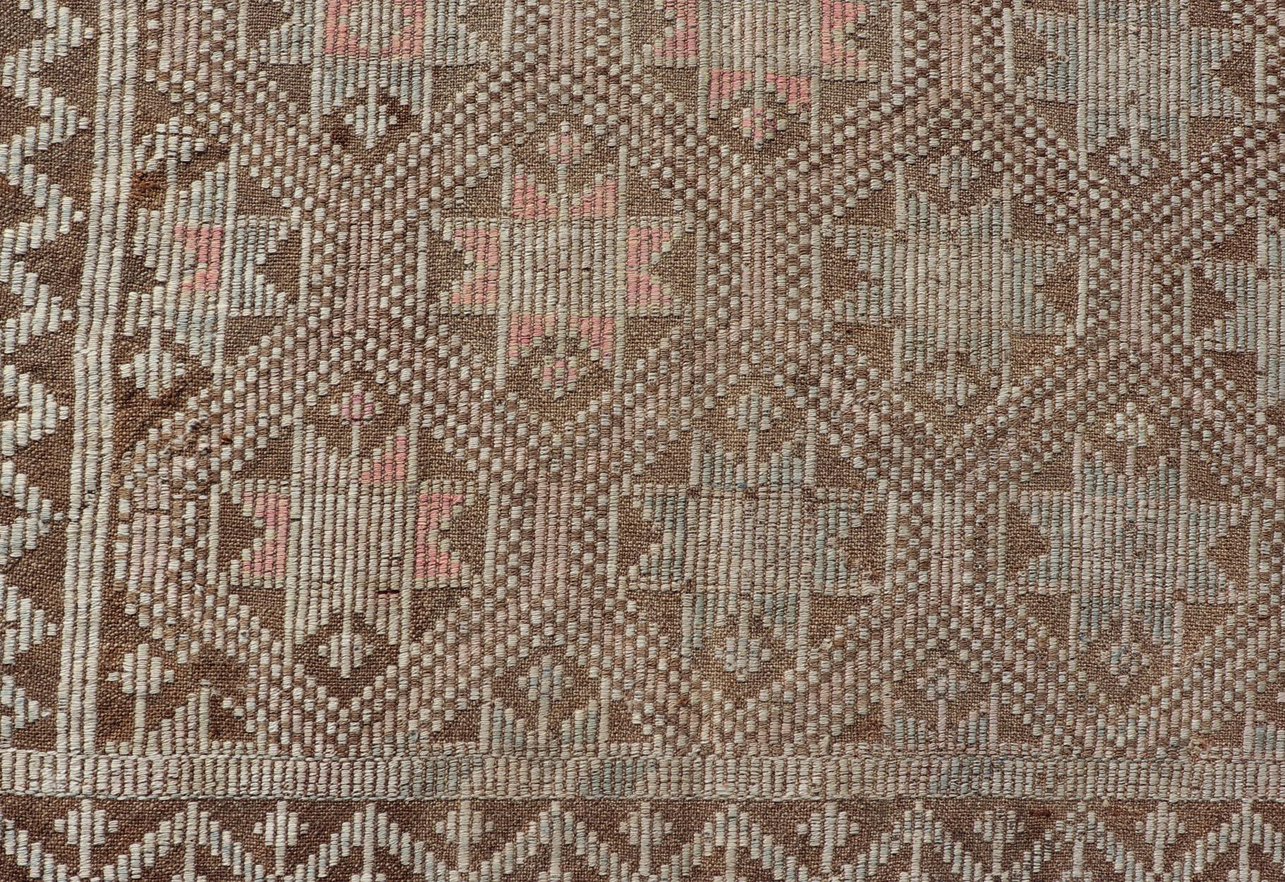 Hand-Woven Vintage Turkish Embroidered Kilim with All-Over Star Design on A Taupe Ground  For Sale