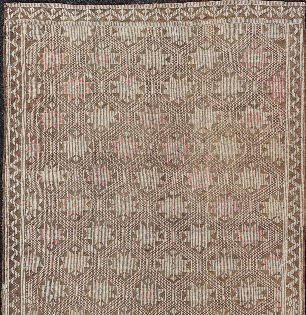 20th Century Vintage Turkish Embroidered Kilim with All-Over Star Design on A Taupe Ground  For Sale
