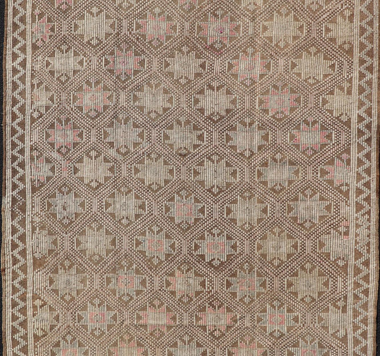 Wool Vintage Turkish Embroidered Kilim with All-Over Star Design on A Taupe Ground  For Sale