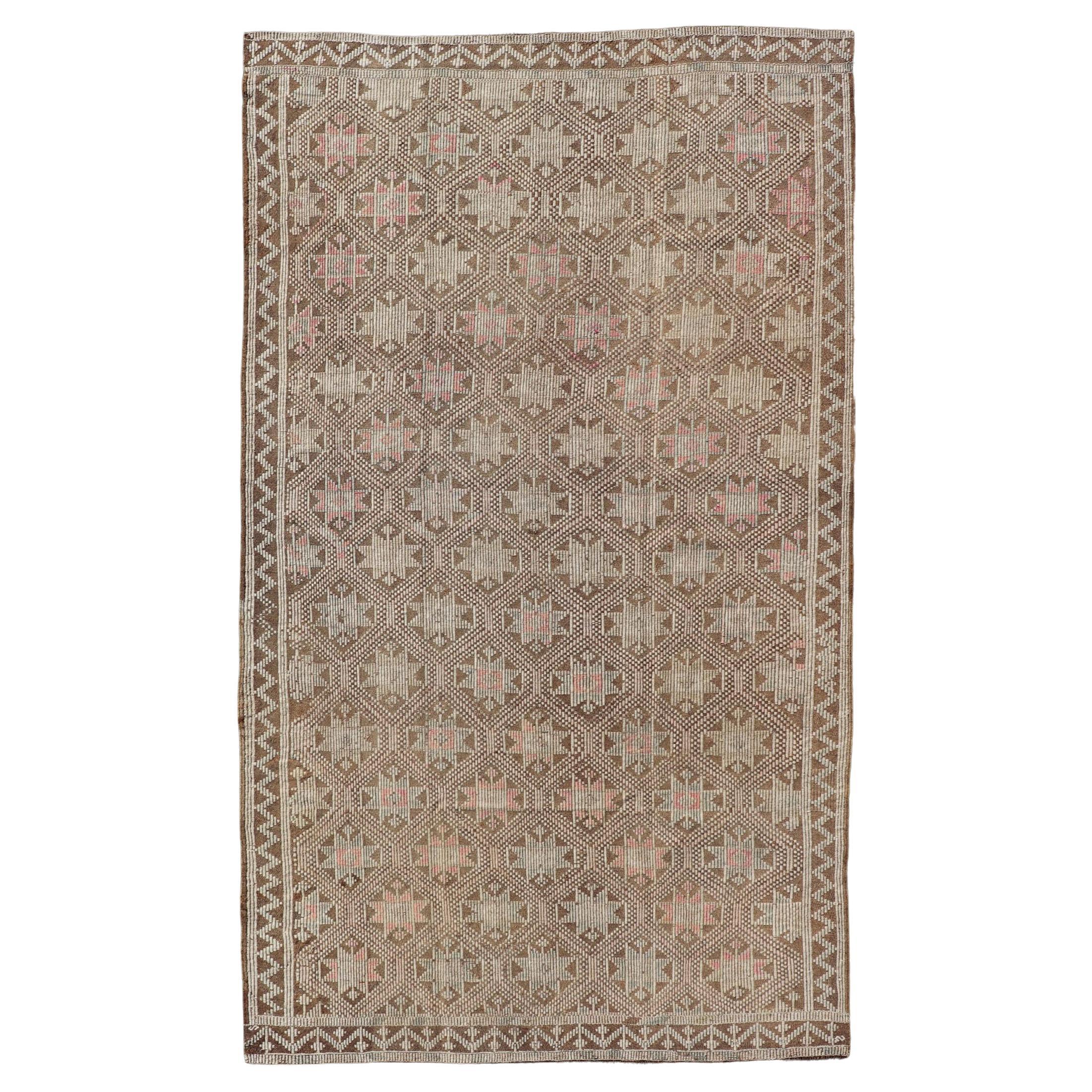 Vintage Turkish Embroidered Kilim with All-Over Star Design on A Taupe Ground  For Sale