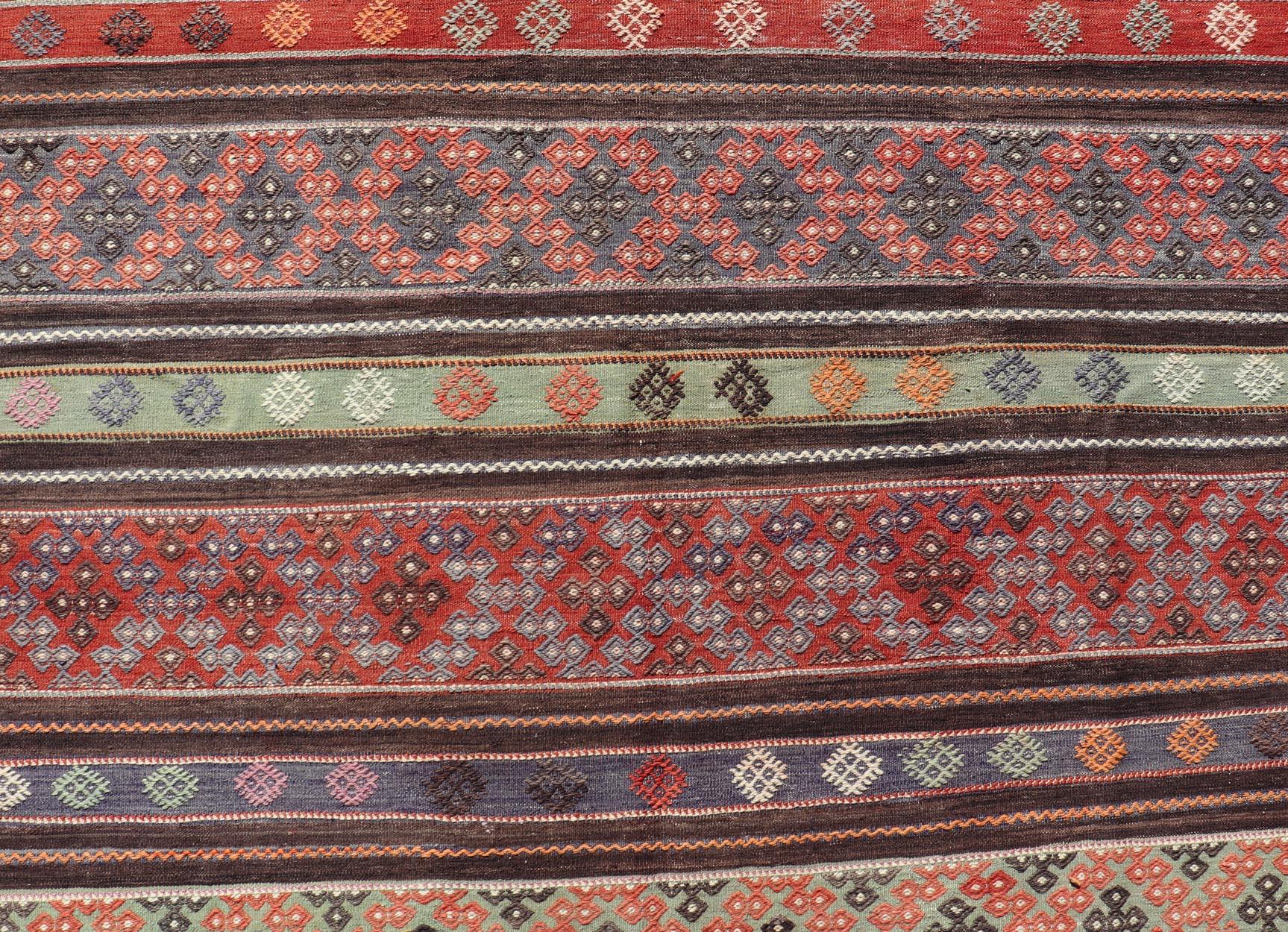 Vintage Turkish Embroidered Large Gallery Kilim Rug with Stripe Design For Sale 4
