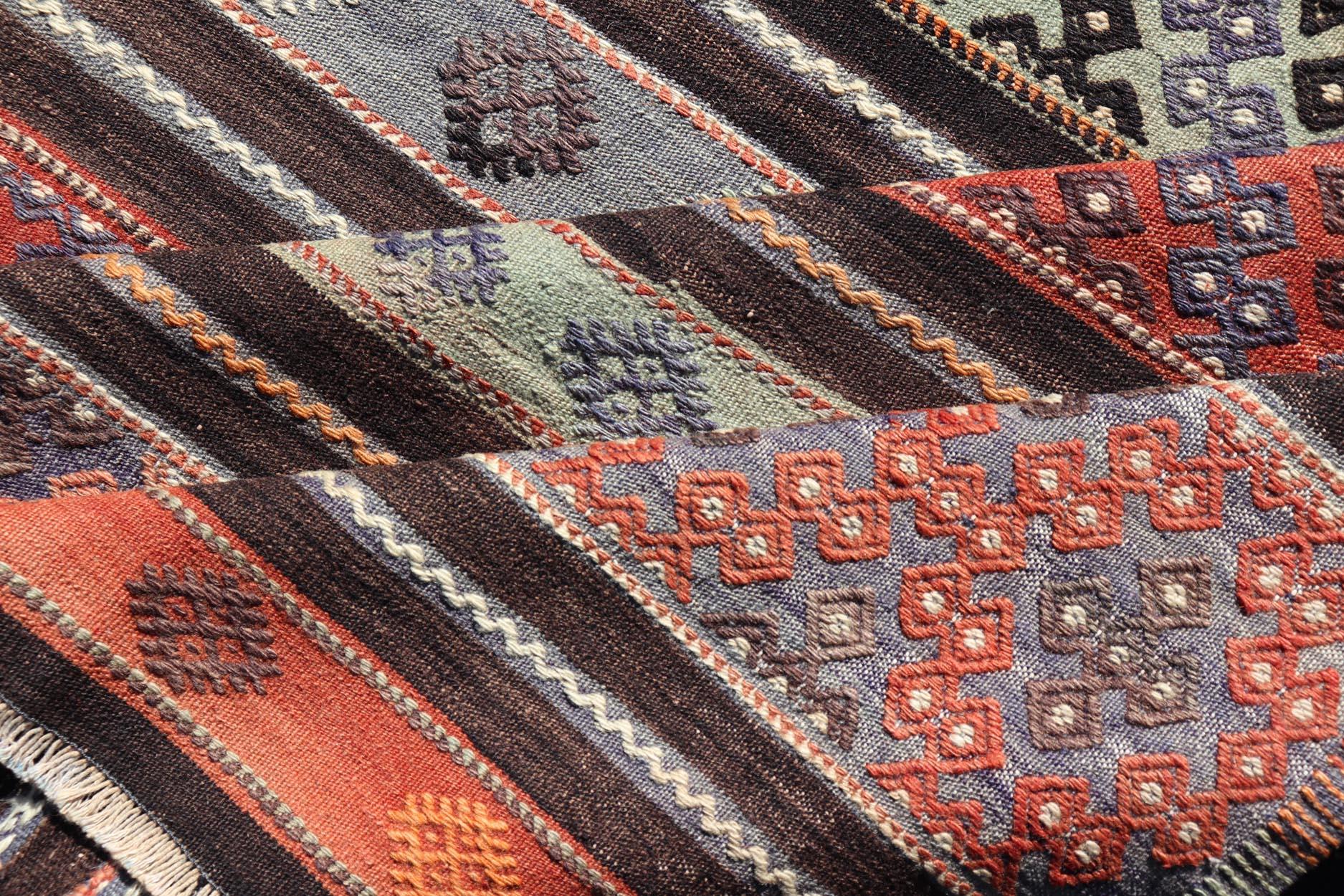 Vintage Turkish Embroidered Large Gallery Kilim Rug with Stripe Design For Sale 5