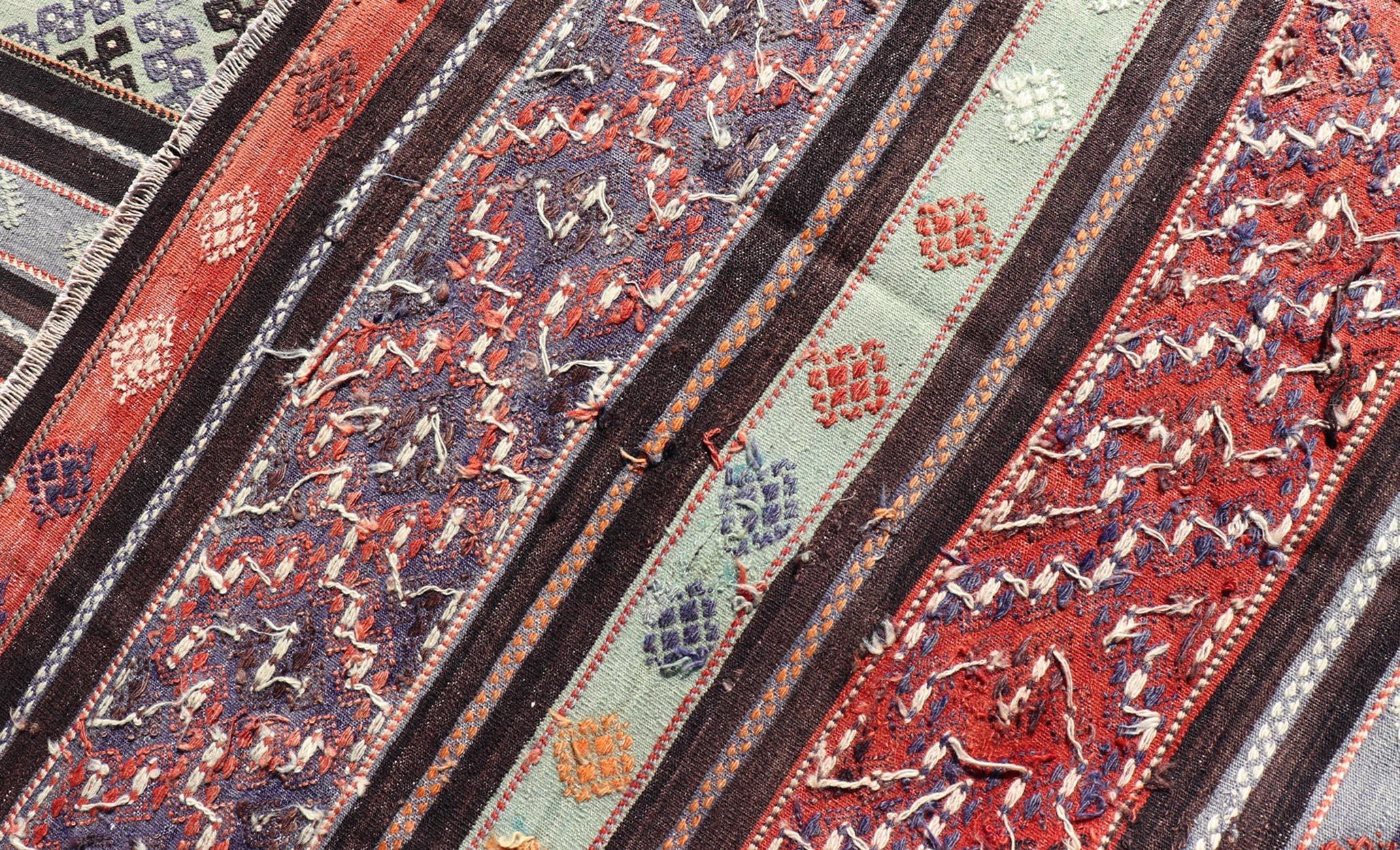 Vintage Turkish Embroidered Large Gallery Kilim Rug with Stripe Design For Sale 6