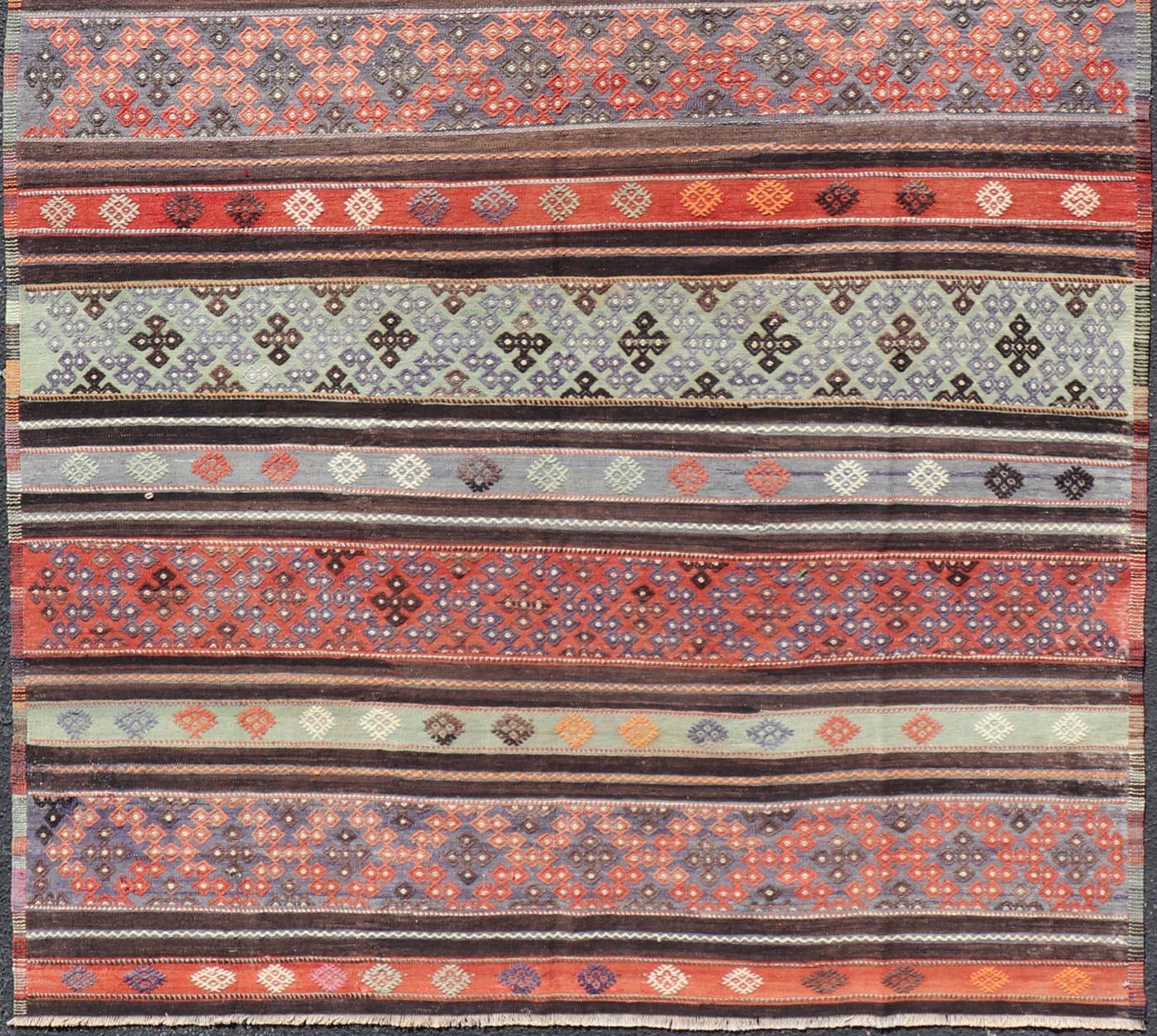 Wool Vintage Turkish Embroidered Large Gallery Kilim Rug with Stripe Design For Sale