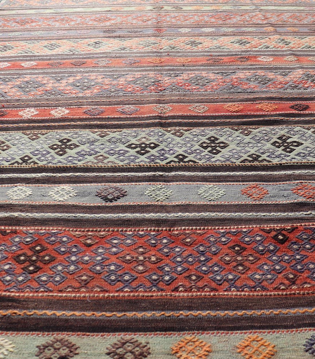 Vintage Turkish Embroidered Large Gallery Kilim Rug with Stripe Design For Sale 2