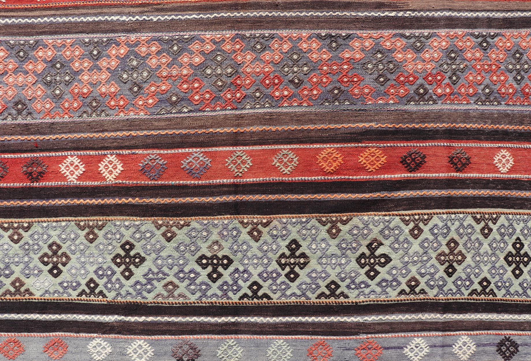 Vintage Turkish Embroidered Large Gallery Kilim Rug with Stripe Design For Sale 3