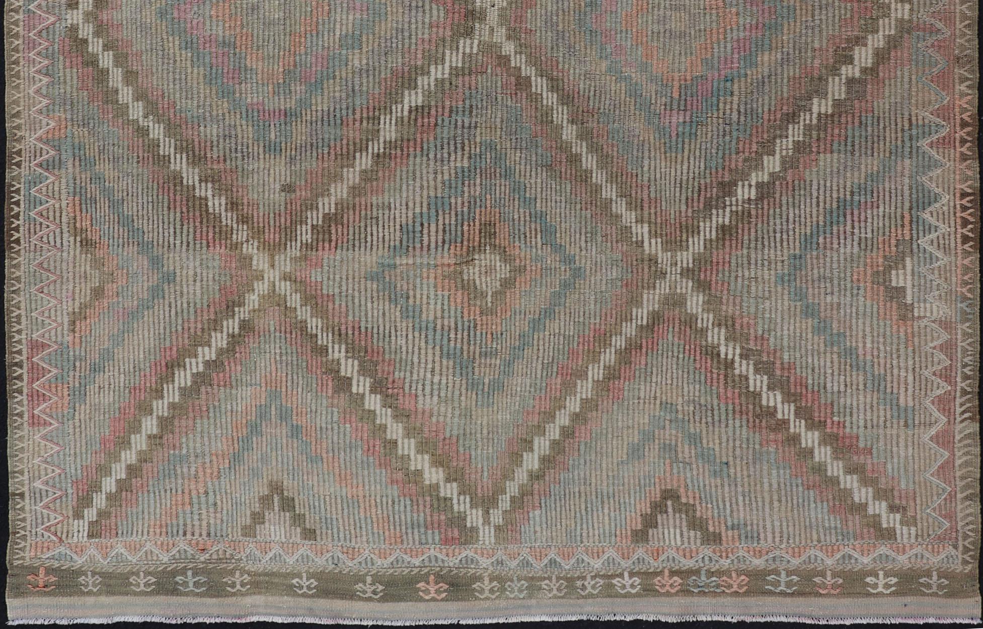 Wool Vintage Turkish Embroidered Rug with Geometric Diamond Design For Sale