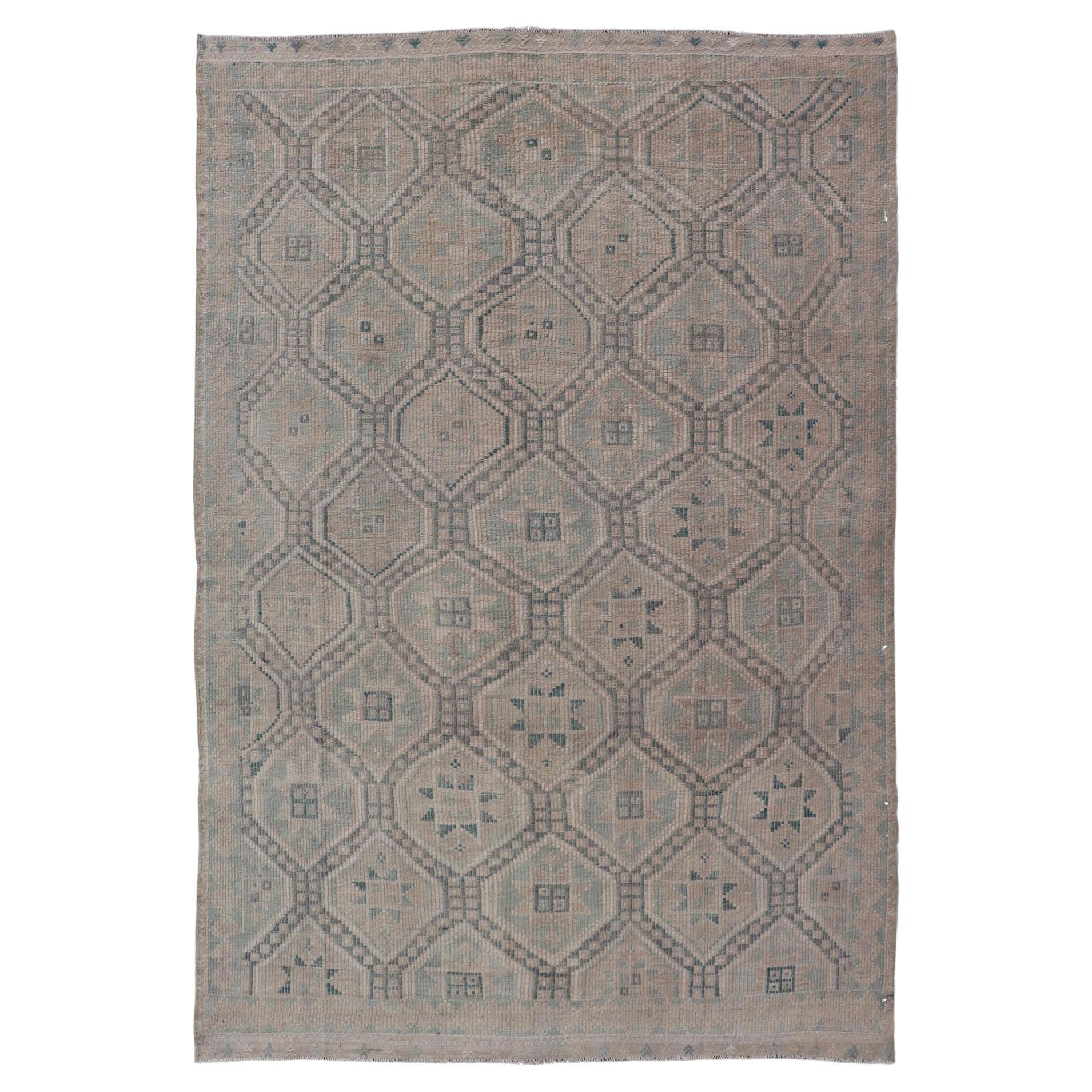Vintage Turkish Embroidered Rug with Geometric Diamond Design in Green, 6'5 x 10