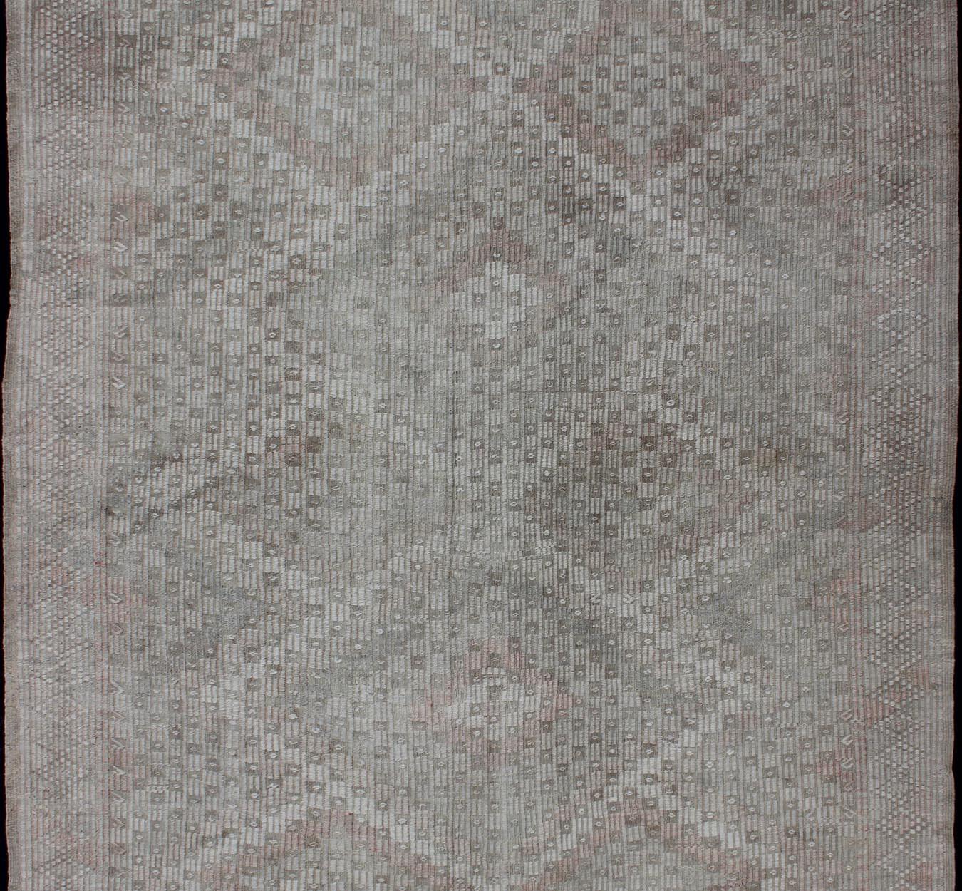 Hand-Woven Vintage Turkish Embroidered Rug with Geometric Diamond Design in Neutral Tones For Sale