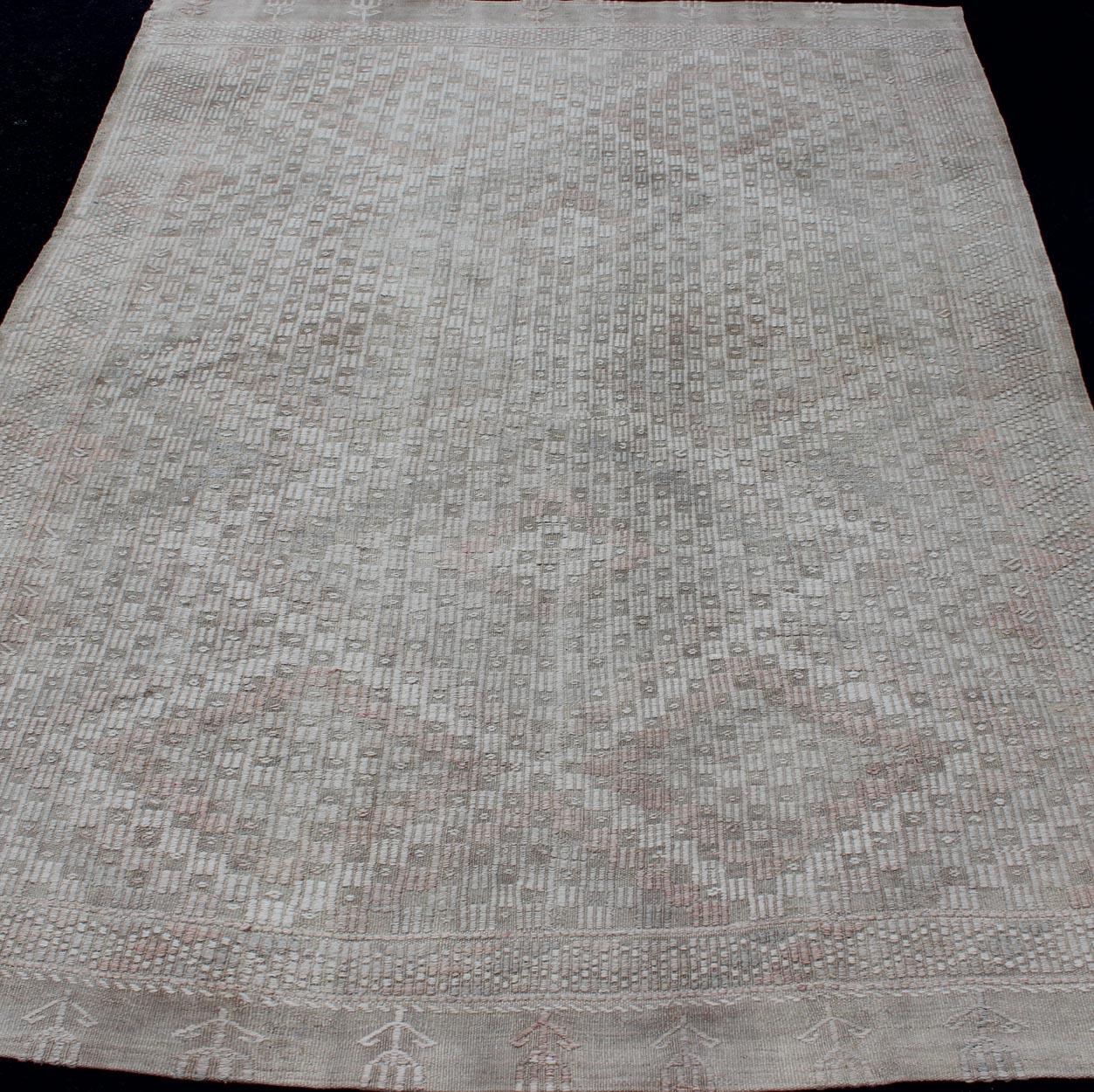 Wool Vintage Turkish Embroidered Rug with Geometric Diamond Design in Neutral Tones For Sale