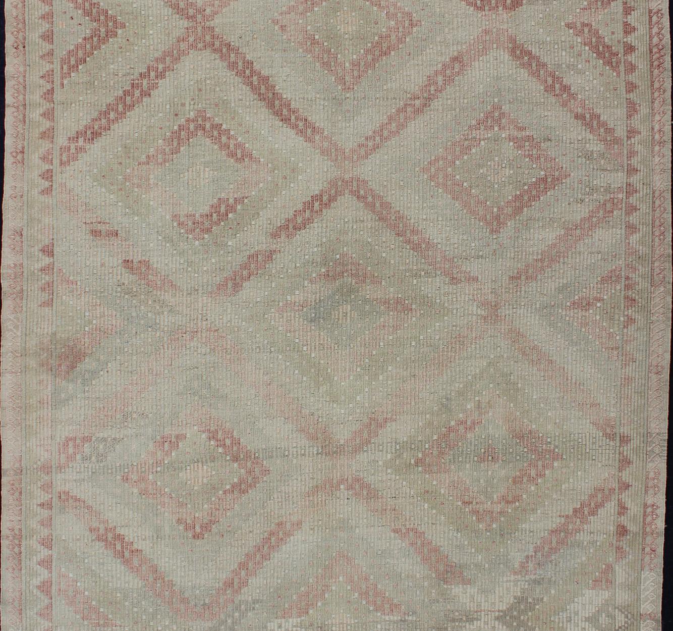 Kilim Vintage Turkish Embroidered Rug with Geometric Diamond Design with Soft Colors For Sale