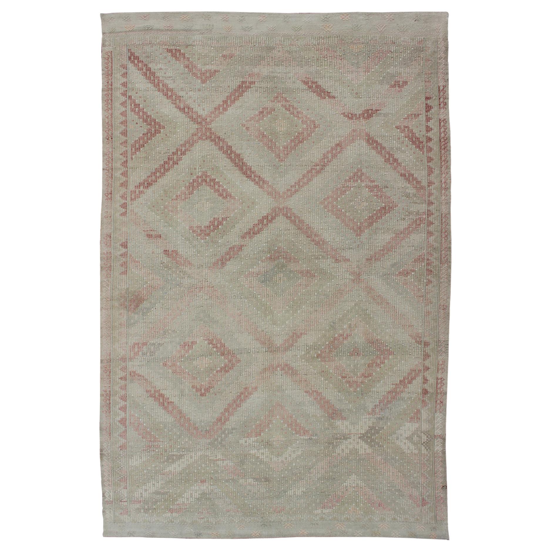 Vintage Turkish Embroidered Rug with Geometric Diamond Design with Soft Colors For Sale