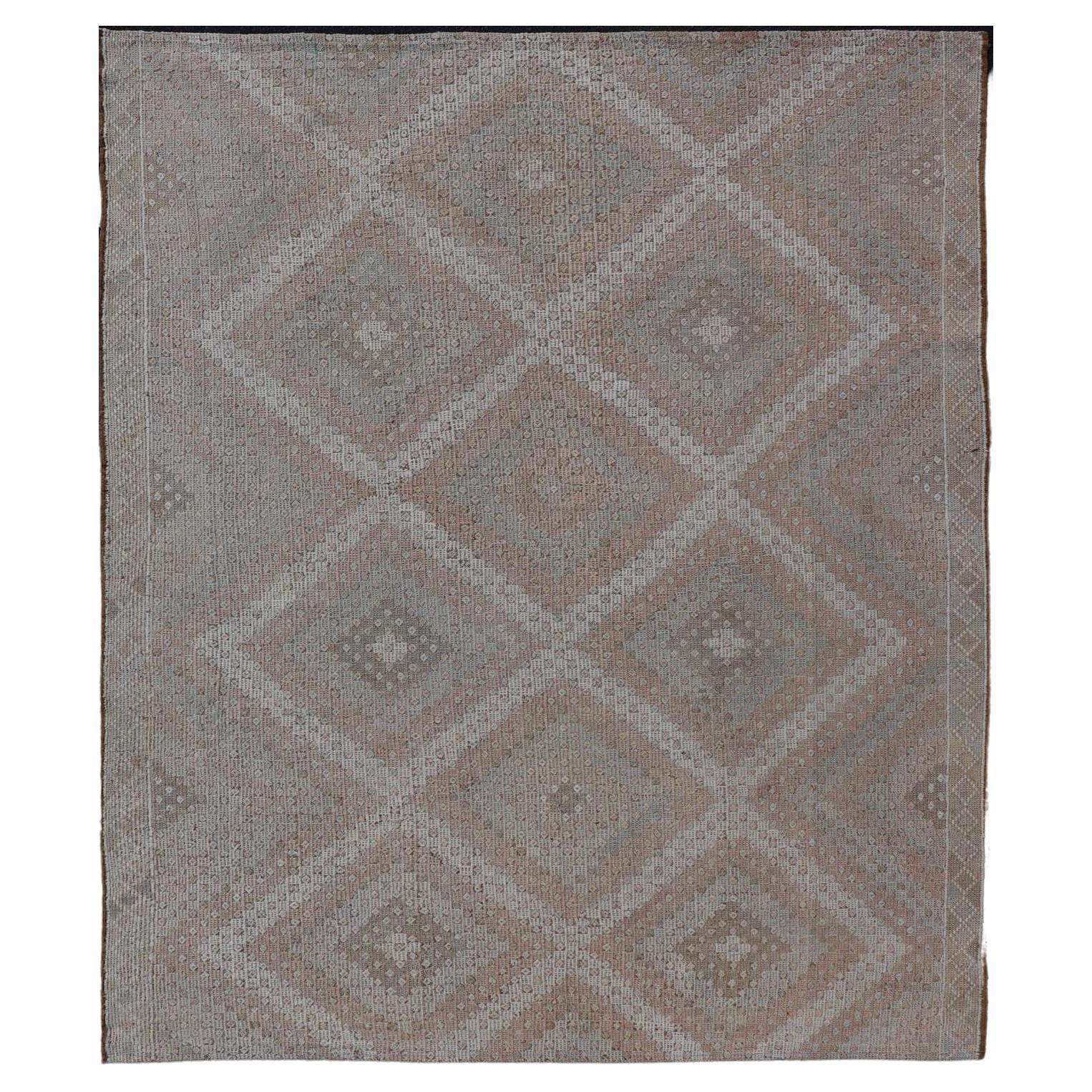 Vintage Turkish Embroidered Rug with Geometric Diamond Design with Soft Colors