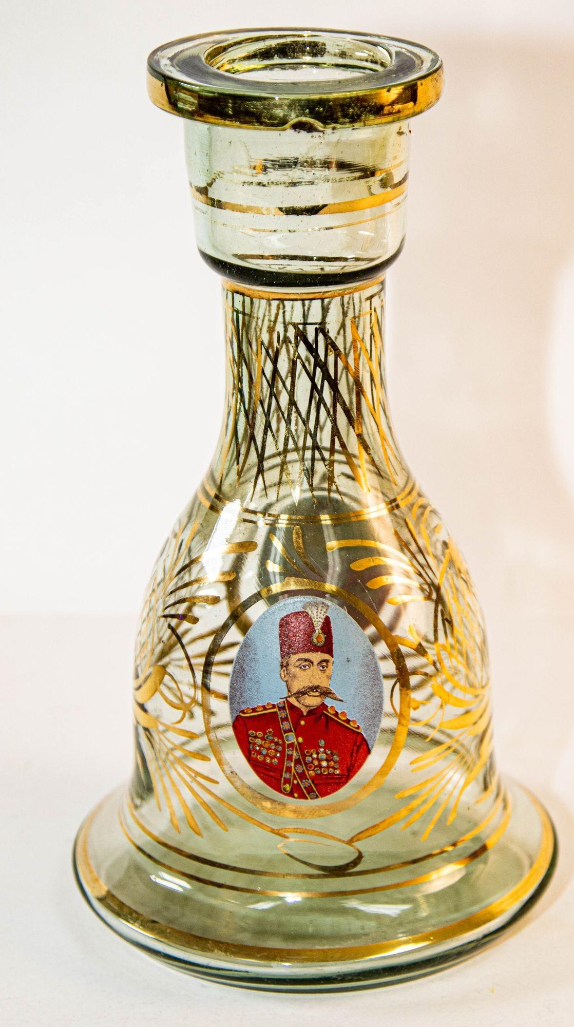 Blown Glass Vintage Turkish Enameled Bohemian Glass Hookah Base Vase For Sale