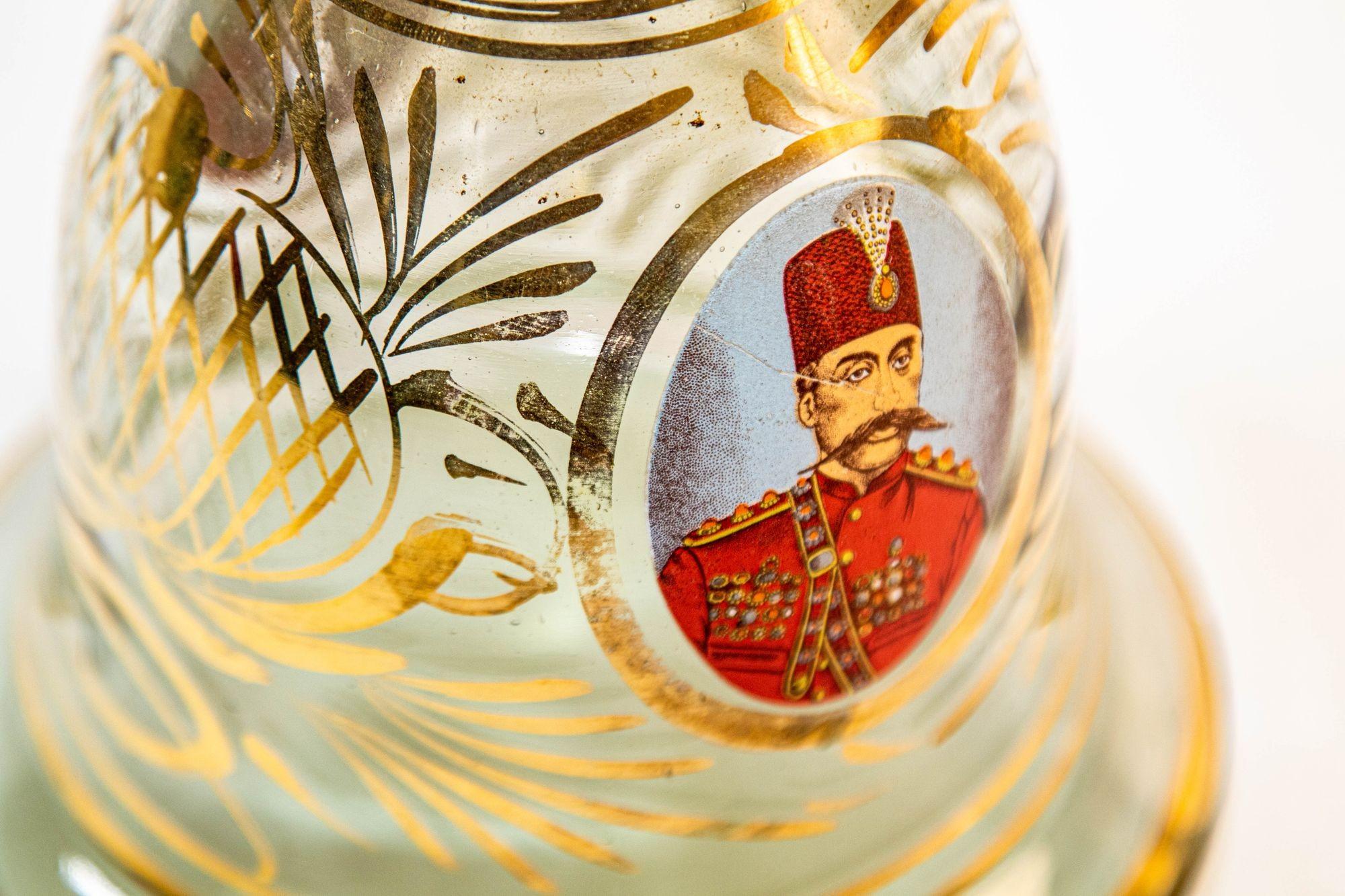 Gilt Vintage Turkish Enameled Bohemian Glass Hookah Base Vase For Sale