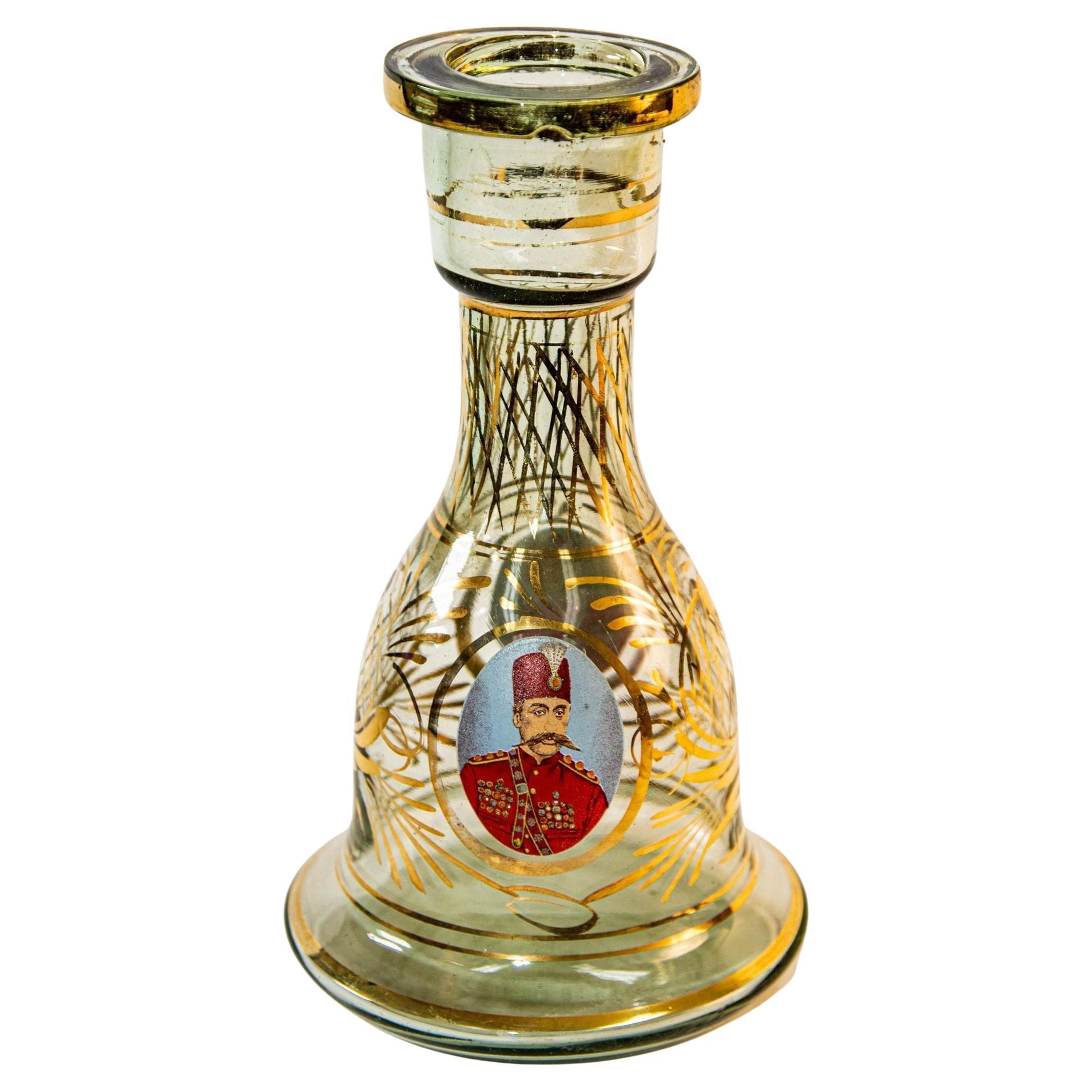 Vintage Turkish Enameled Bohemian Glass Hookah Base Vase For Sale