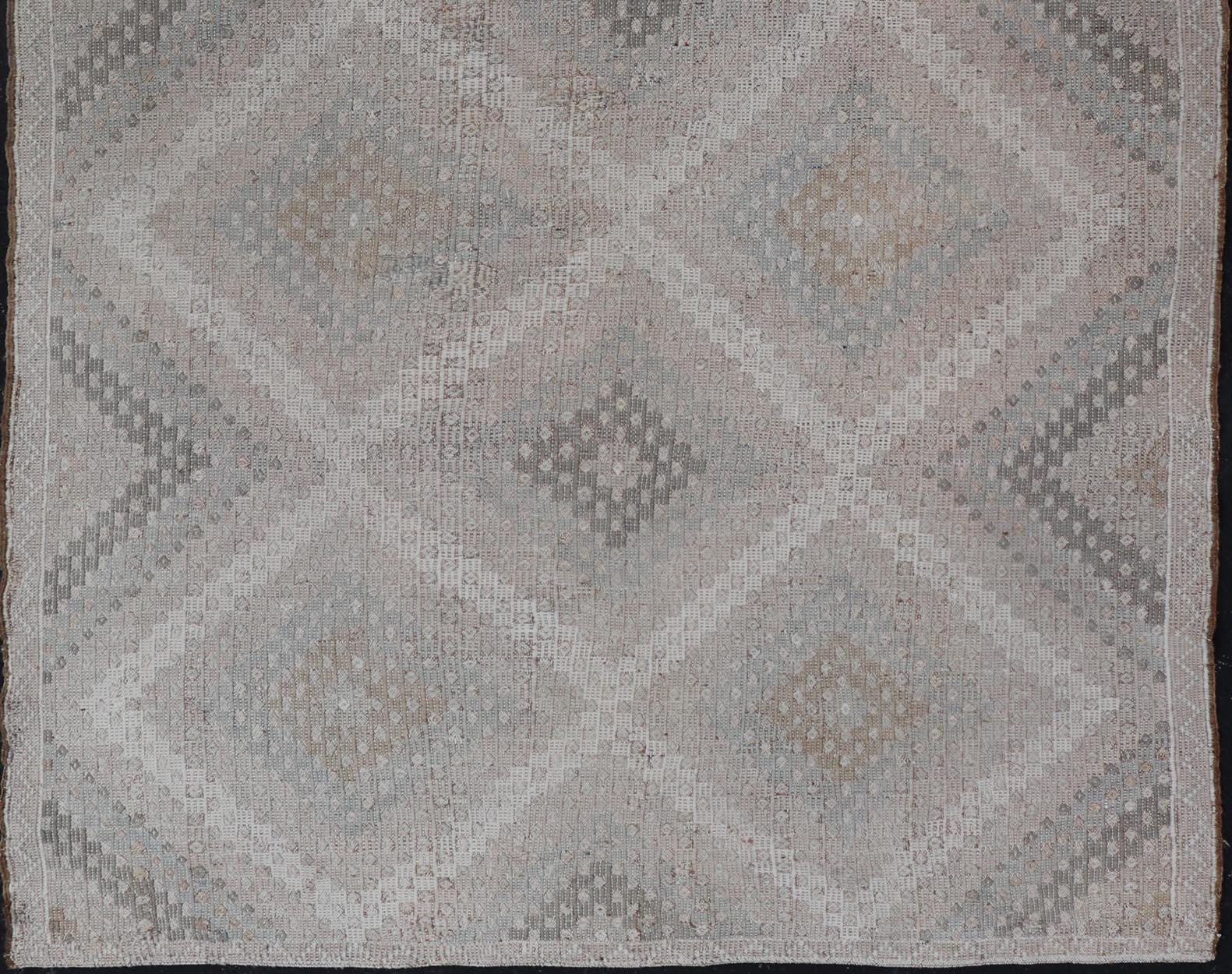 Hand-Knotted Vintage Turkish Flat-Weave Embroidered Rug with Geometric Diamond Design For Sale