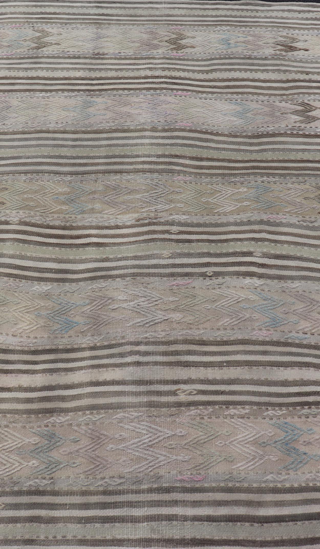 Hand-Woven Vintage Turkish Flat-Weave Embroideries Kilim in Taupe, Lt. Blue, Brown, Tan For Sale