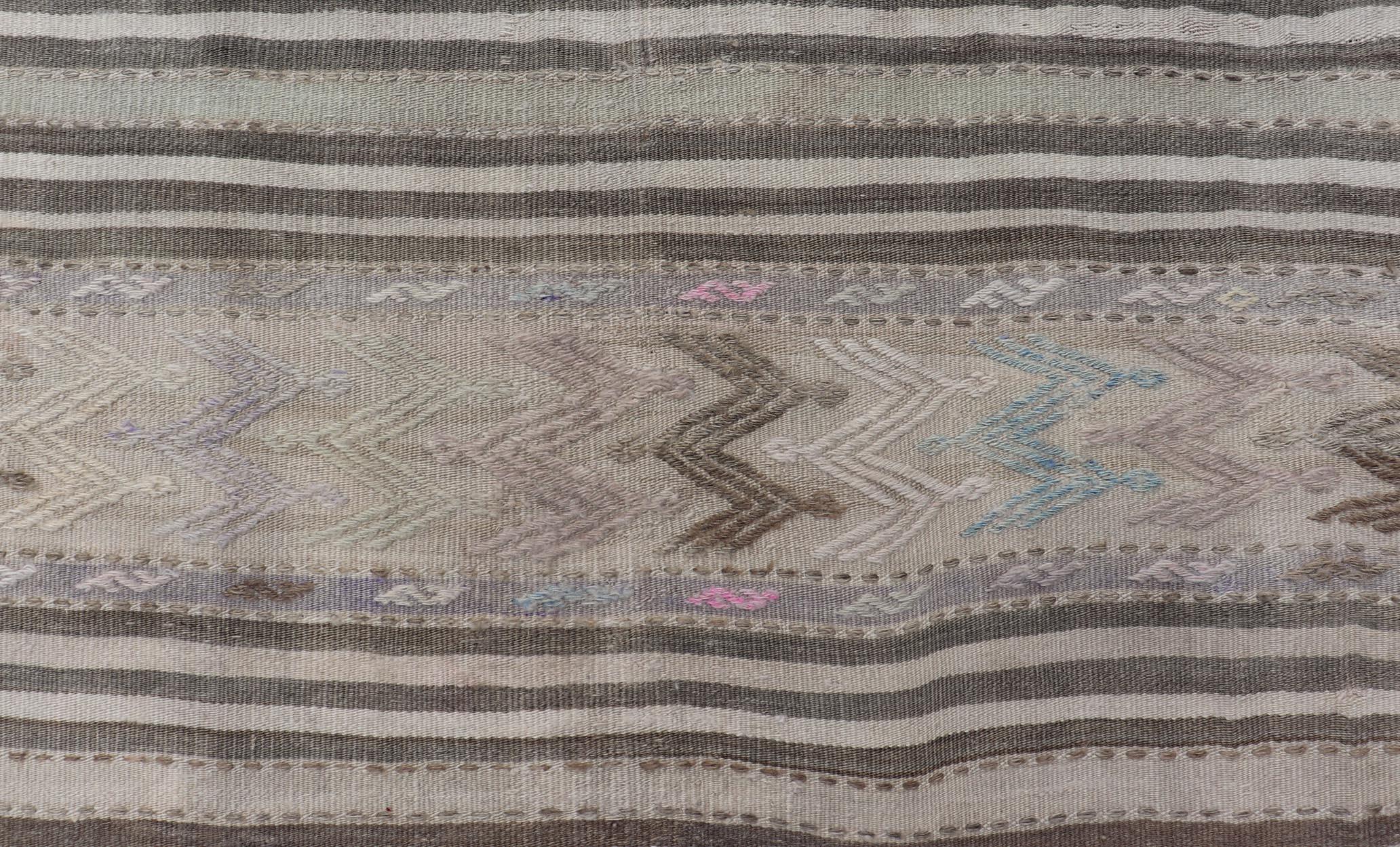 Wool Vintage Turkish Flat-Weave Embroideries Kilim in Taupe, Lt. Blue, Brown, Tan For Sale