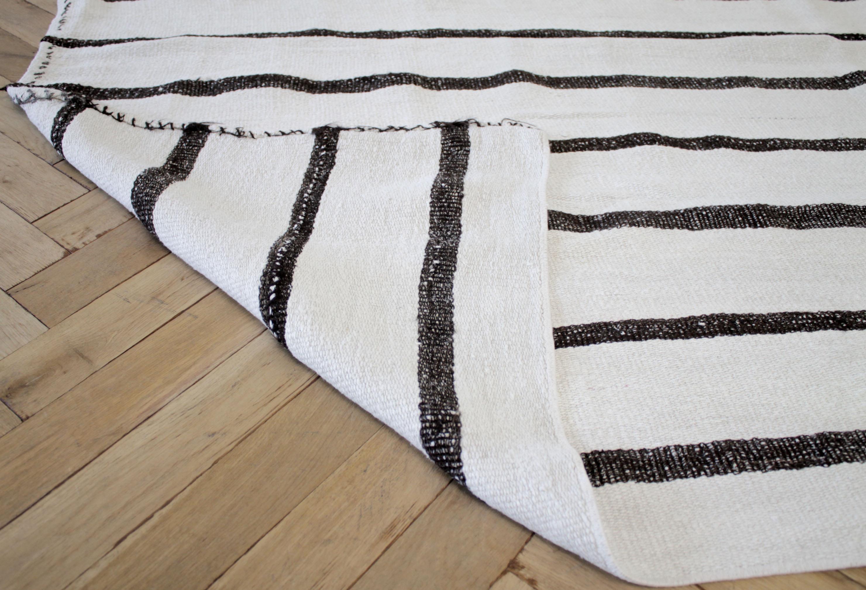 Minimalist Vintage Turkish Flat-Weave Hemp Rug Off-White with Dark Brown Stripes For Sale