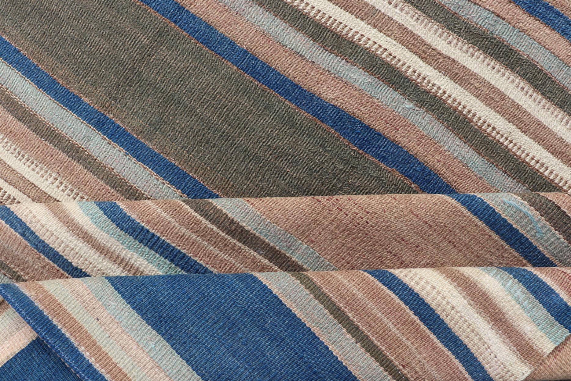 Vintage Turkish Flat-Weave Kilim with Blue's, Brown, & Taupe in Striped Design For Sale 4