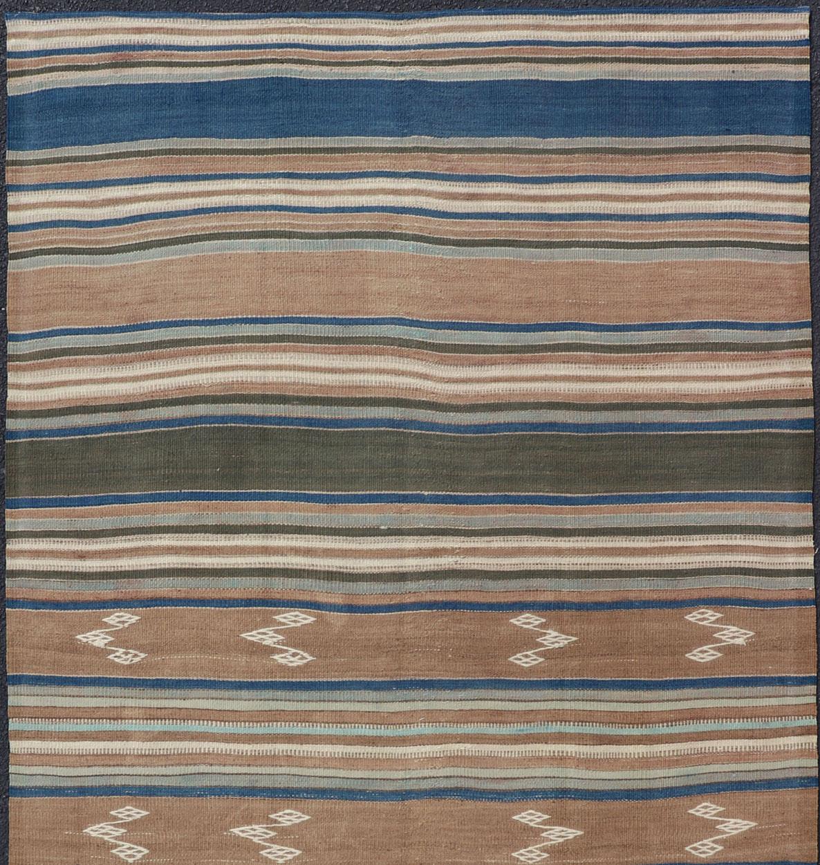Hand-Woven Vintage Turkish Flat-Weave Kilim with Blue's, Brown, & Taupe in Striped Design For Sale