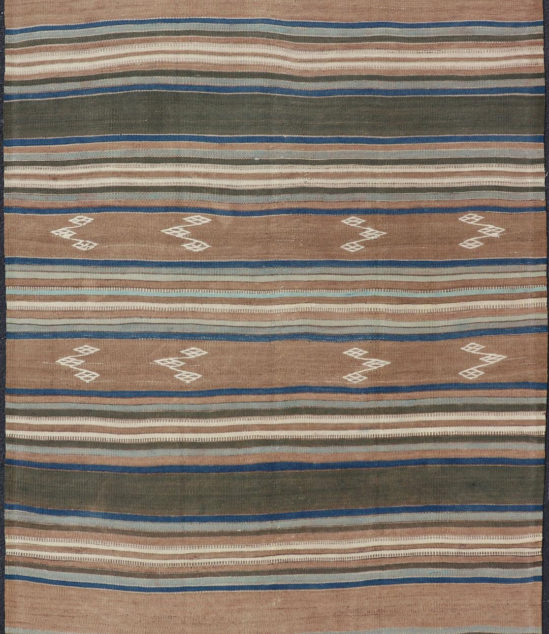 Vintage Turkish Flat-Weave Kilim with Blue's, Brown, & Taupe in Striped Design In Good Condition For Sale In Atlanta, GA