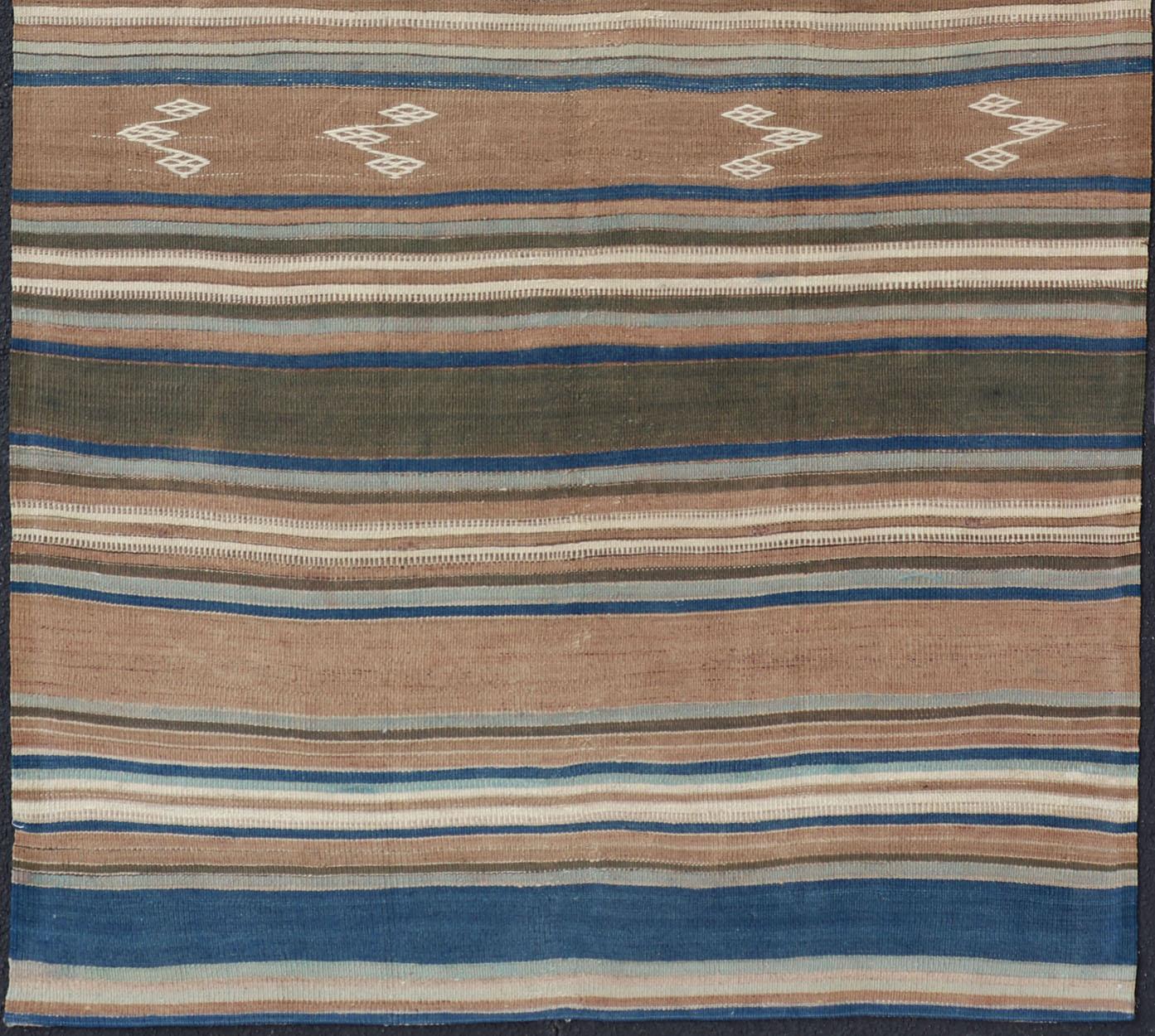 20th Century Vintage Turkish Flat-Weave Kilim with Blue's, Brown, & Taupe in Striped Design For Sale