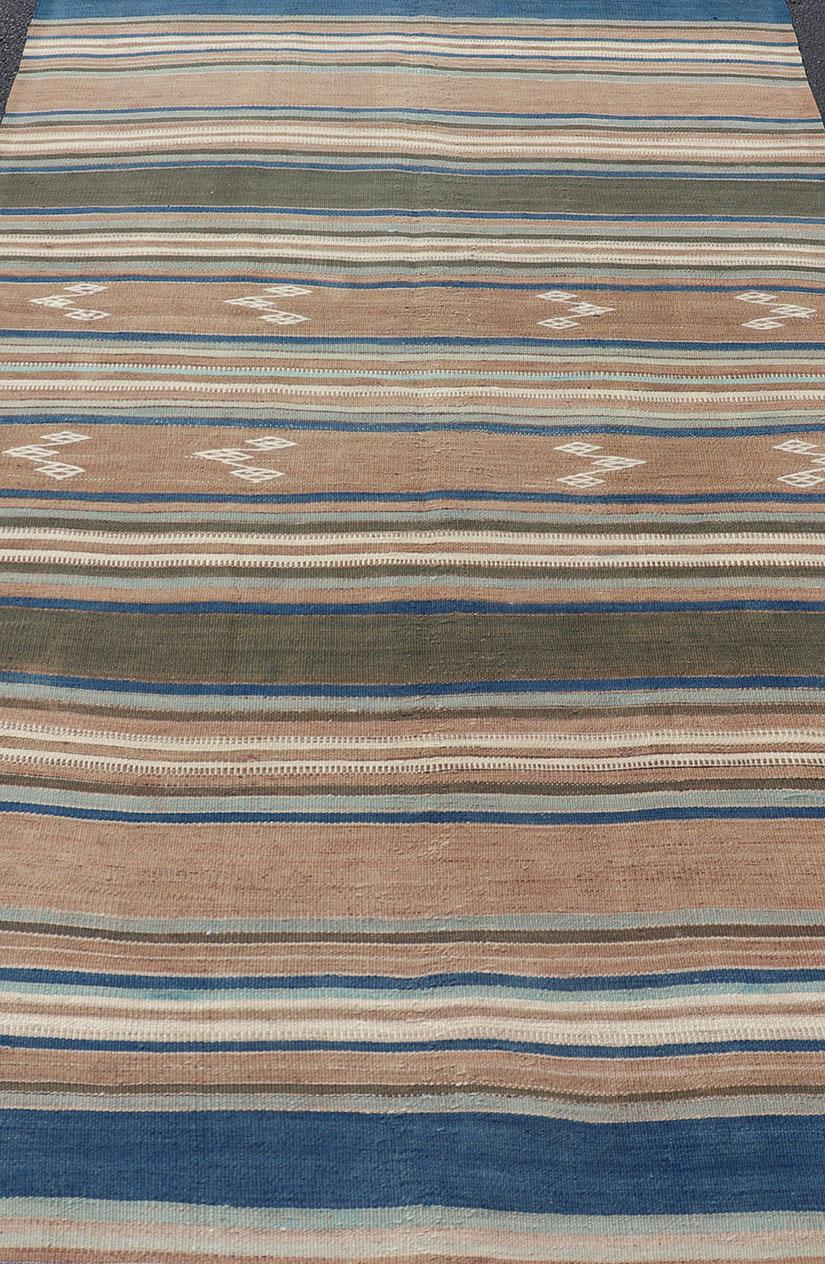 Wool Vintage Turkish Flat-Weave Kilim with Blue's, Brown, & Taupe in Striped Design For Sale