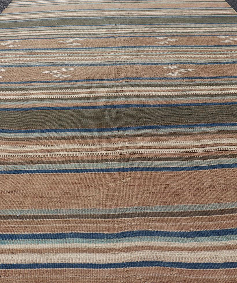 Vintage Turkish Flat-Weave Kilim with Blue's, Brown, & Taupe in Striped Design For Sale 1