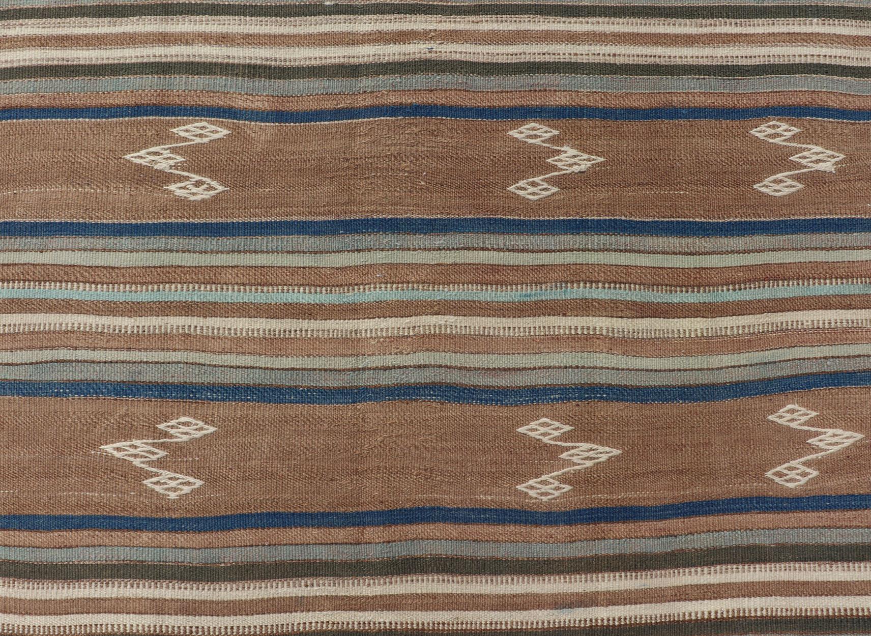 Vintage Turkish Flat-Weave Kilim with Blue's, Brown, & Taupe in Striped Design For Sale 2