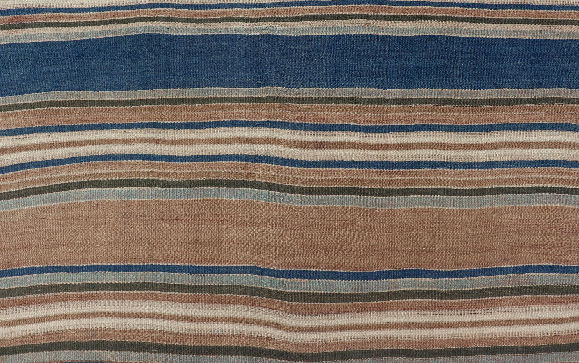 Vintage Turkish Flat-Weave Kilim with Blue's, Brown, & Taupe in Striped Design For Sale 3