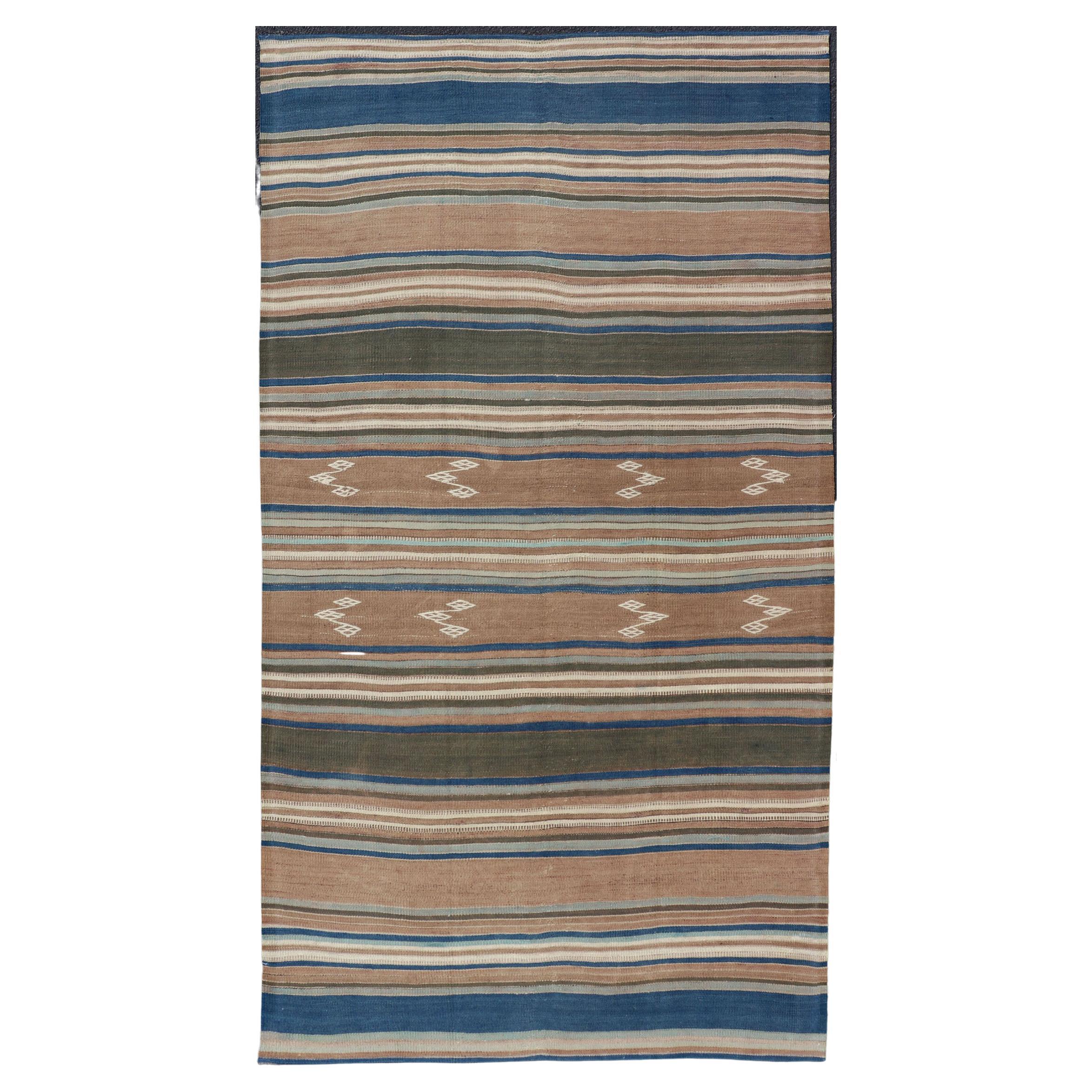 Vintage Turkish Flat-Weave Kilim with Blue's, Brown, & Taupe in Striped Design