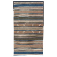 Vintage Turkish Flat-Weave Kilim with Blue
s, Brown, 
Taupe in Striped Design