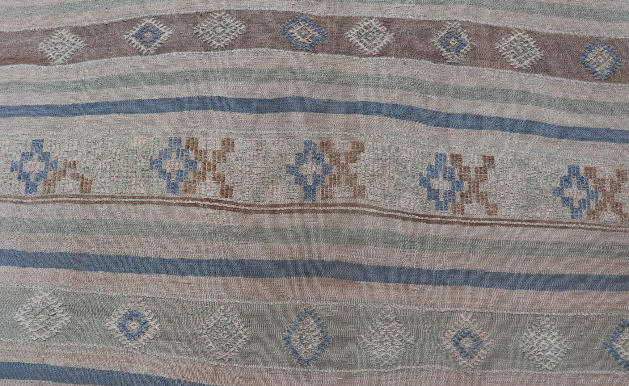 Vintage Turkish Flat-Weave Kilim with Embroideries in Blue, Brown, and Cream For Sale 4
