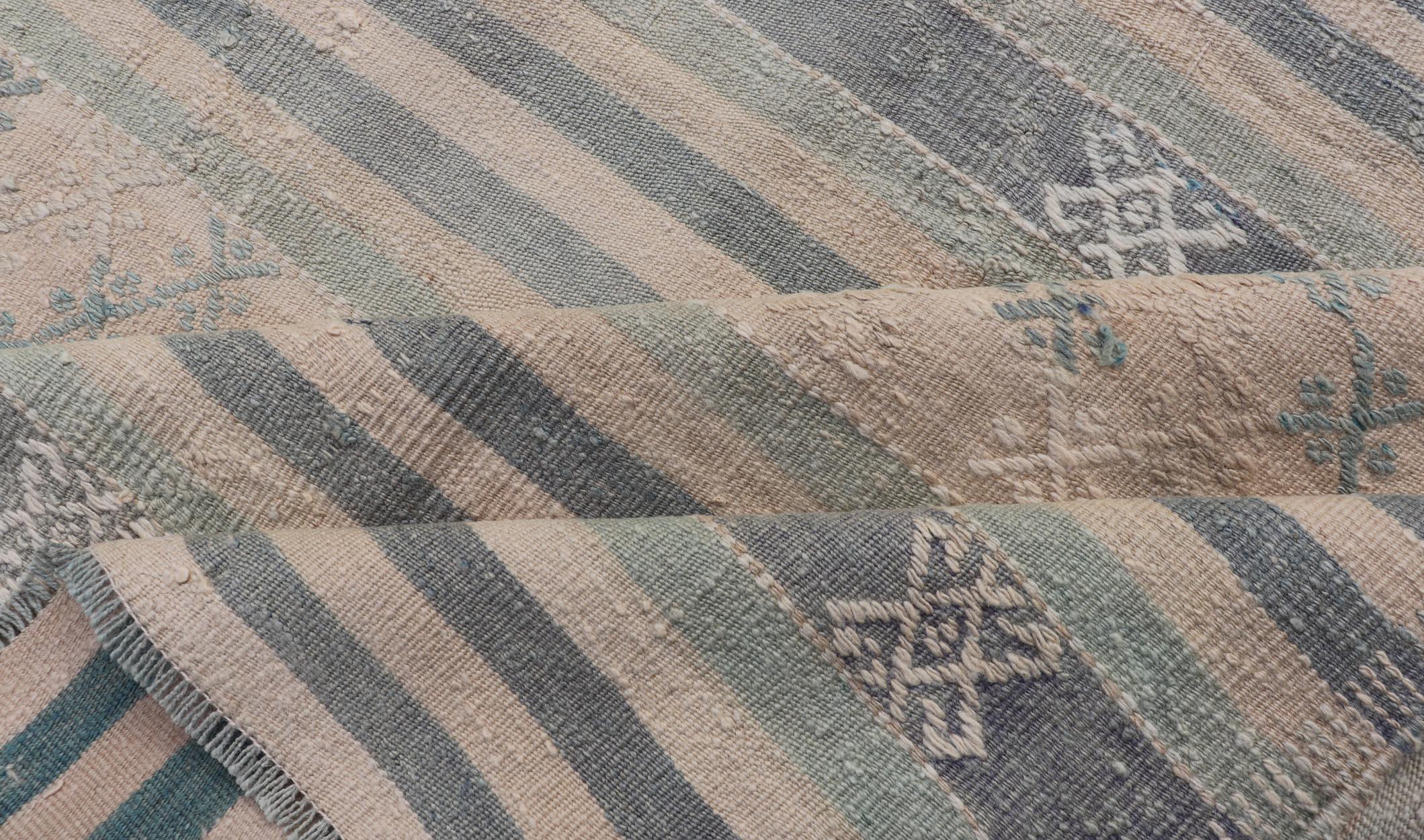 Vintage Turkish Flat-Weave Kilim with Embroideries in Blue, Brown, and Cream For Sale 4