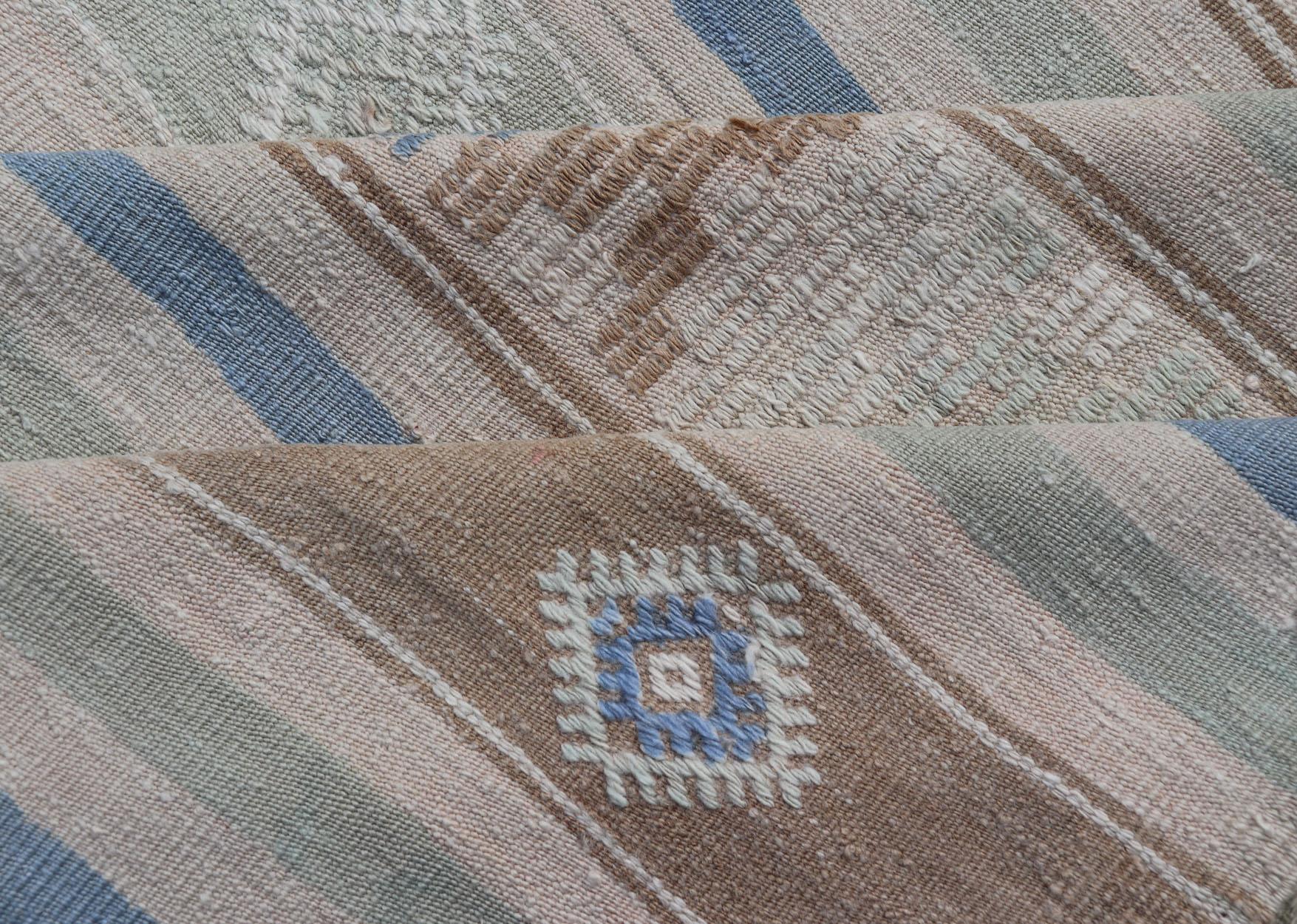 Vintage Turkish Flat-Weave Kilim with Embroideries in Blue, Brown, and Cream For Sale 5