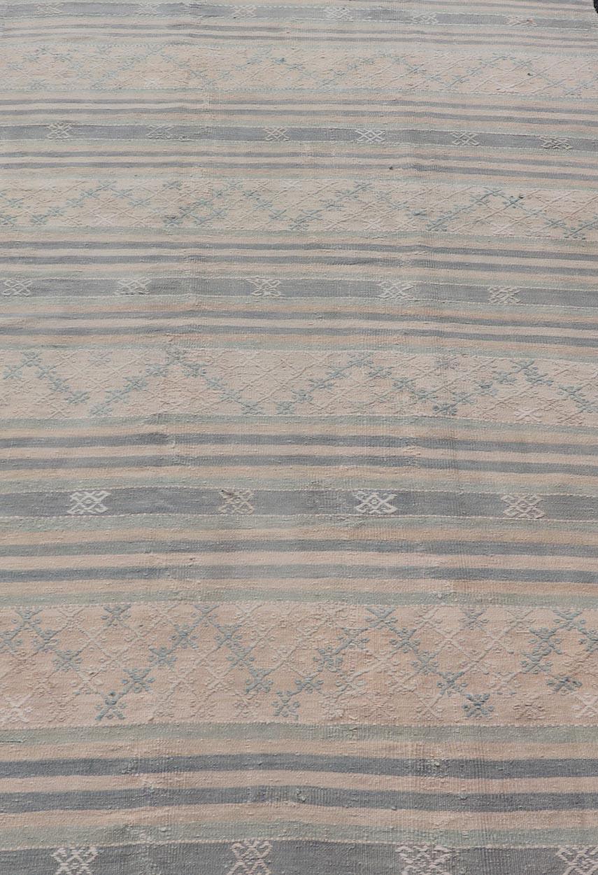 Vintage Turkish Flat-Weave Kilim with Embroideries in Blue, Brown, and Cream For Sale 5