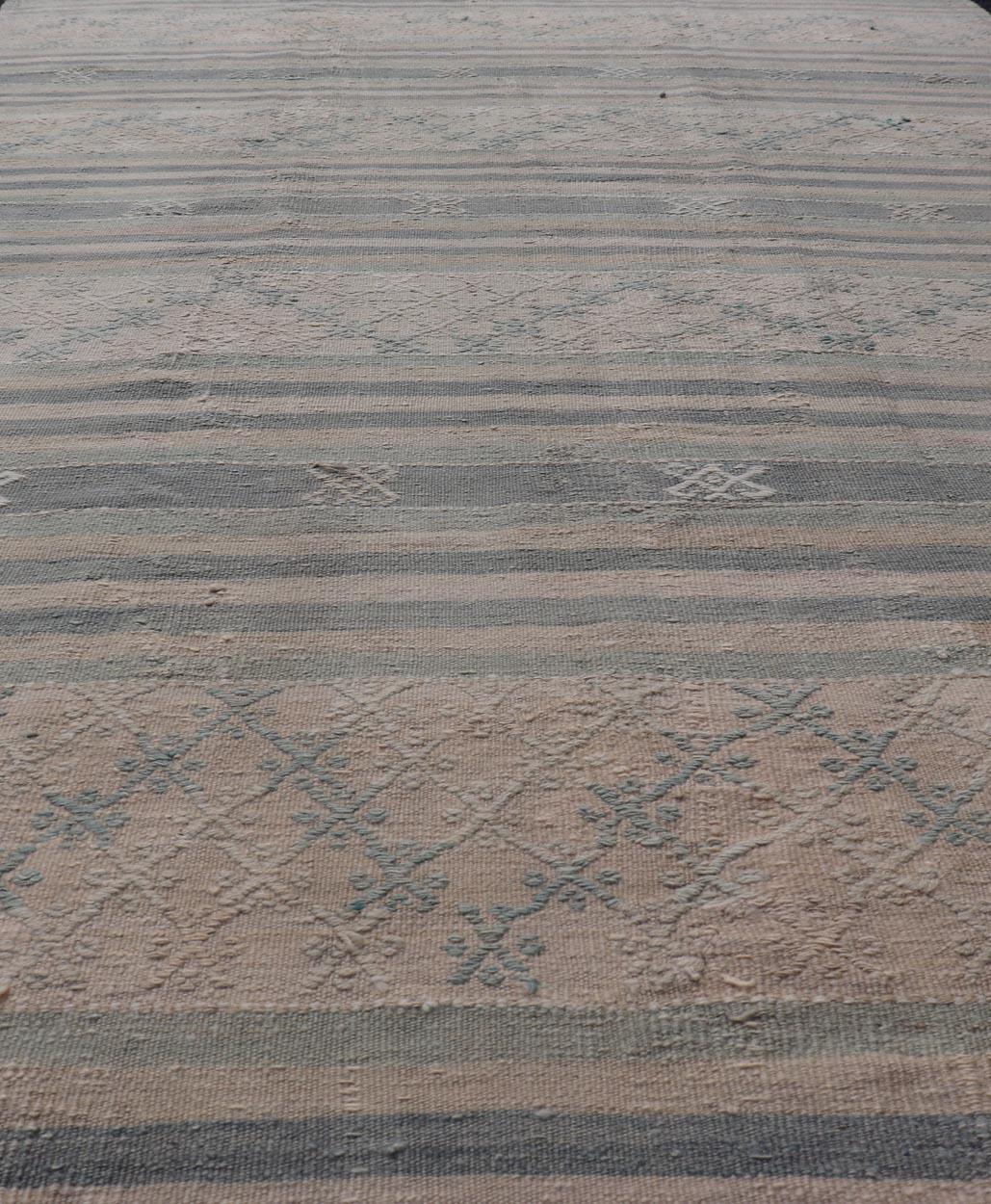 Vintage Turkish Flat-Weave Kilim with Embroideries in Blue, Brown, and Cream For Sale 6