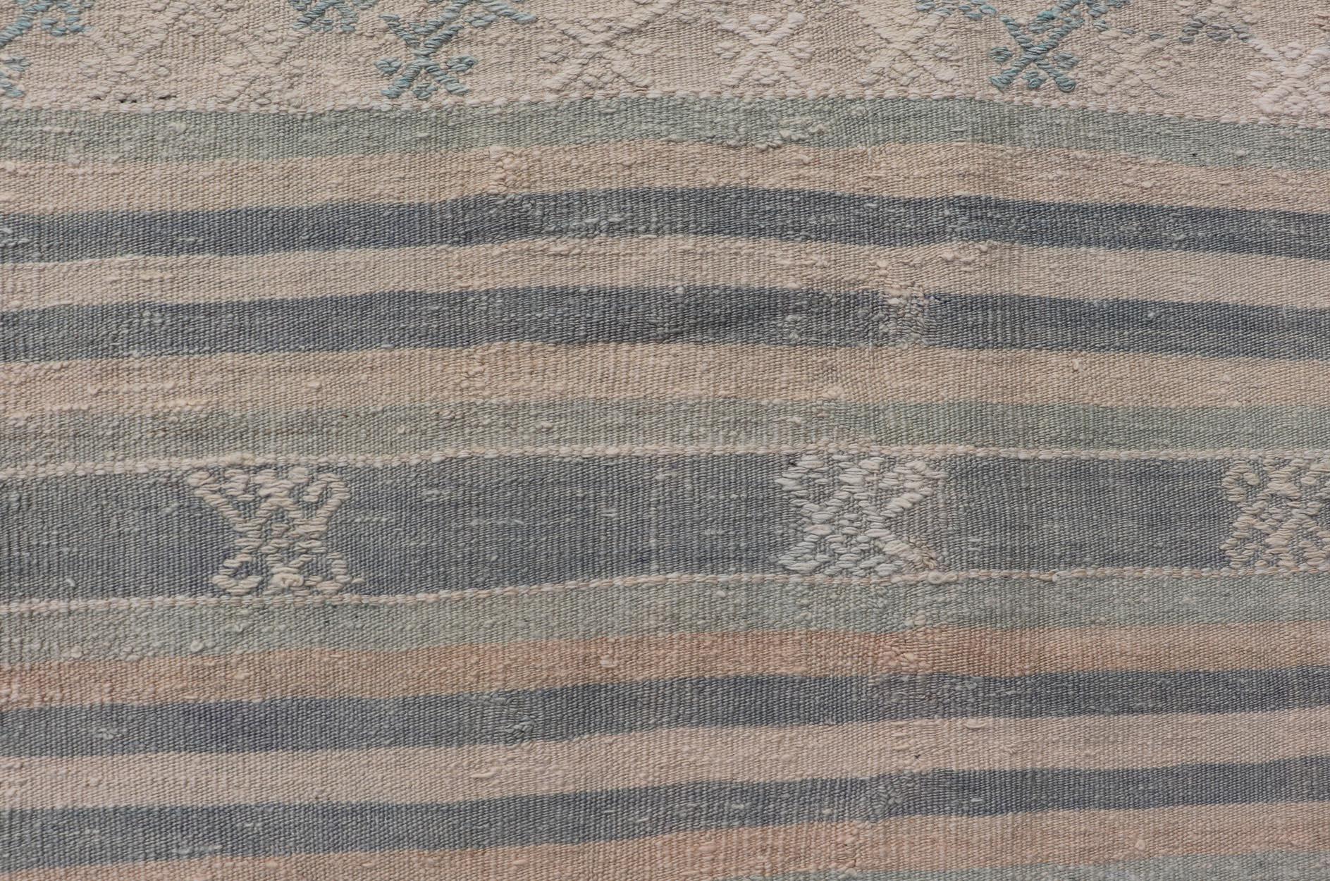 Measures: 5'3 x 9'5 
Vintage Turkish Flat-Weave Kilim with Embroideries in Blue, Brown, and Cream. Keivan Woven Arts / rug EN-14073, country of origin / type: Turkey / Kilim, circa 1950
