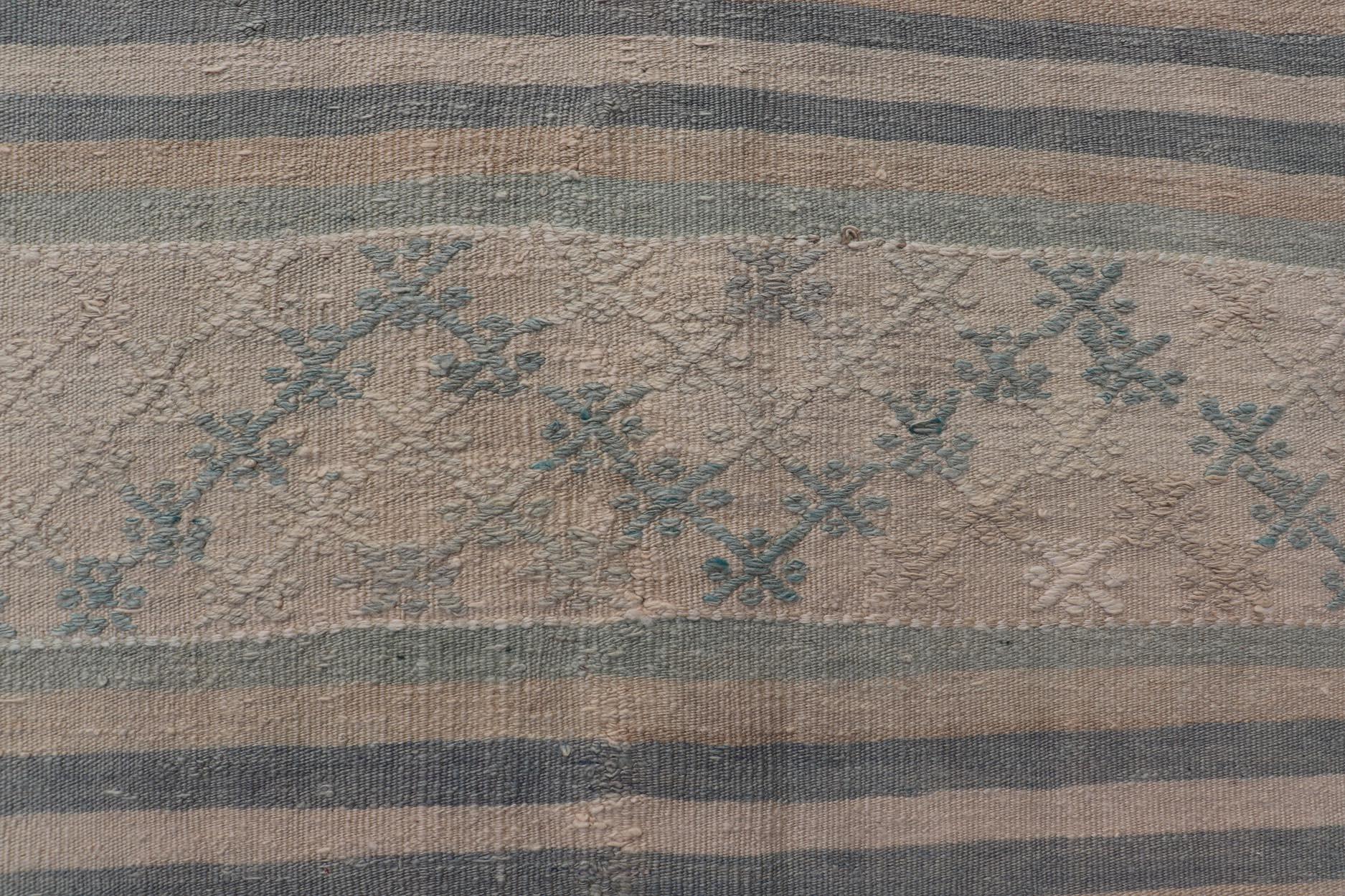 Hand-Woven Vintage Turkish Flat-Weave Kilim with Embroideries in Blue, Brown, and Cream For Sale