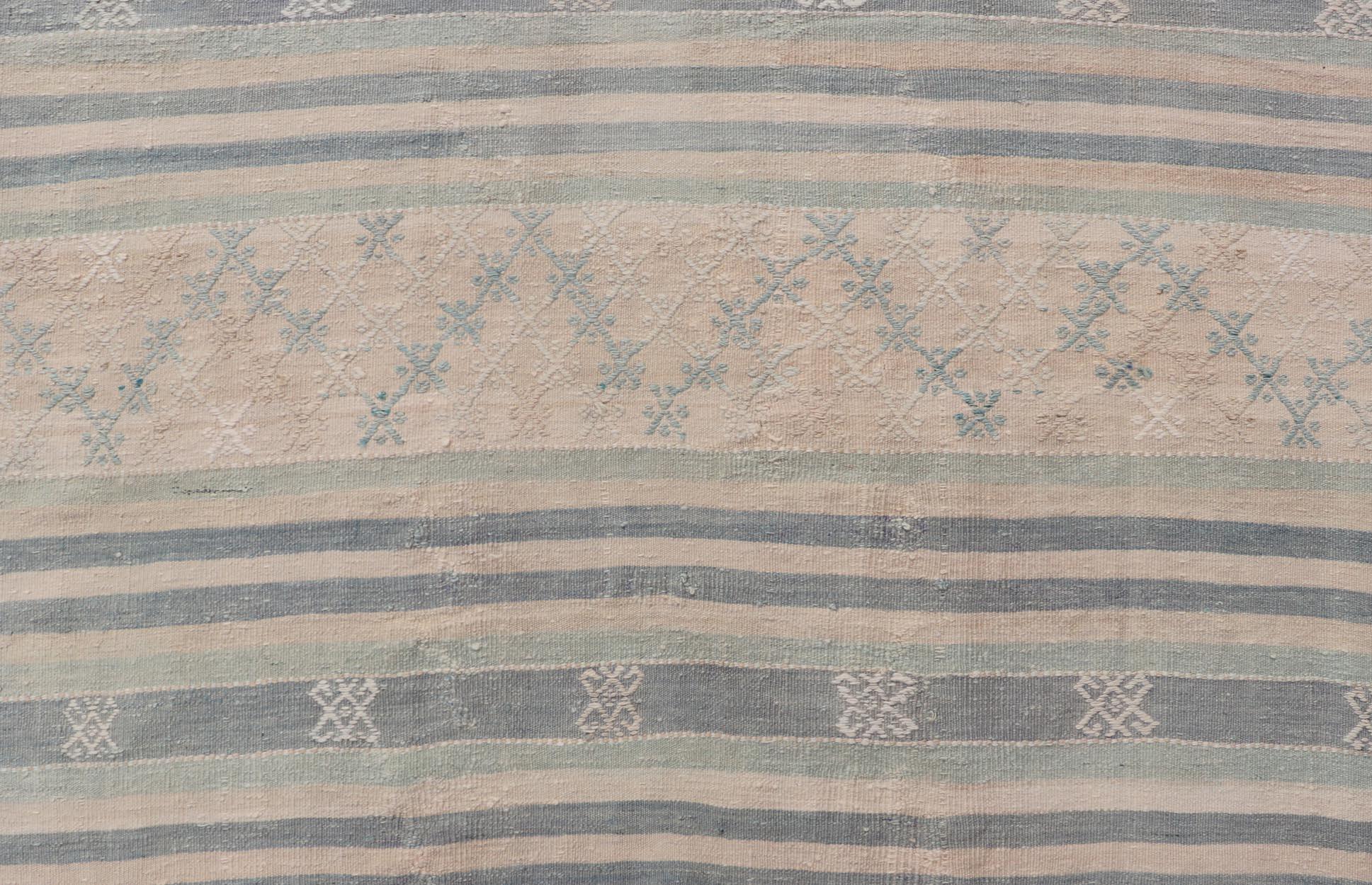 Vintage Turkish Flat-Weave Kilim with Embroideries in Blue, Brown, and Cream In Good Condition For Sale In Atlanta, GA