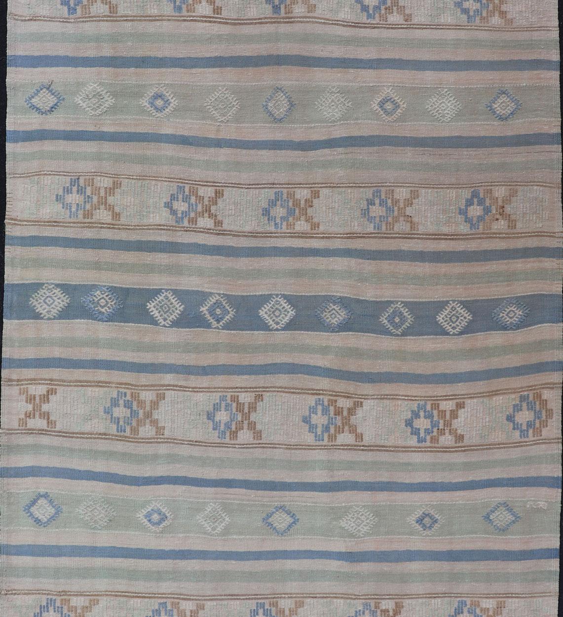 20th Century Vintage Turkish Flat-Weave Kilim with Embroideries in Blue, Brown, and Cream For Sale