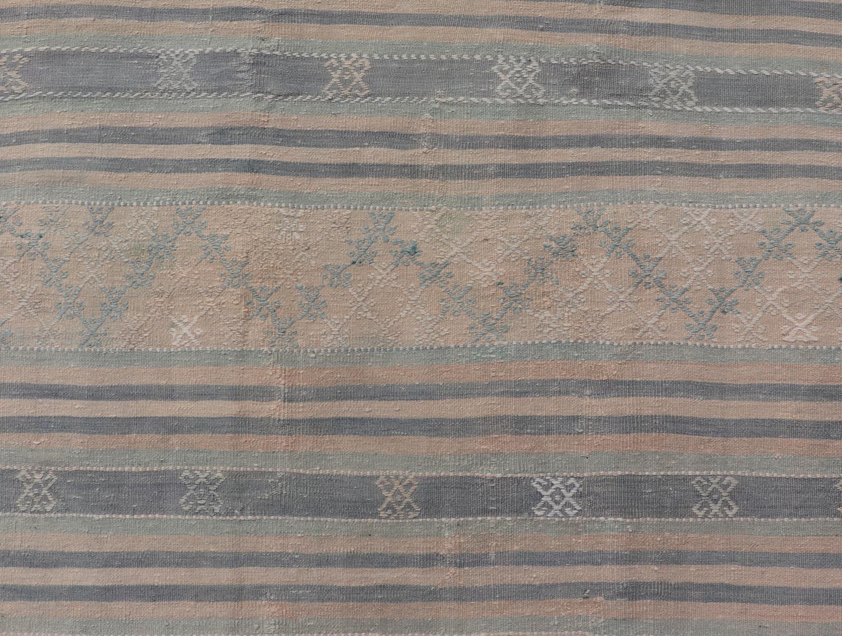 20th Century Vintage Turkish Flat-Weave Kilim with Embroideries in Blue, Brown, and Cream For Sale