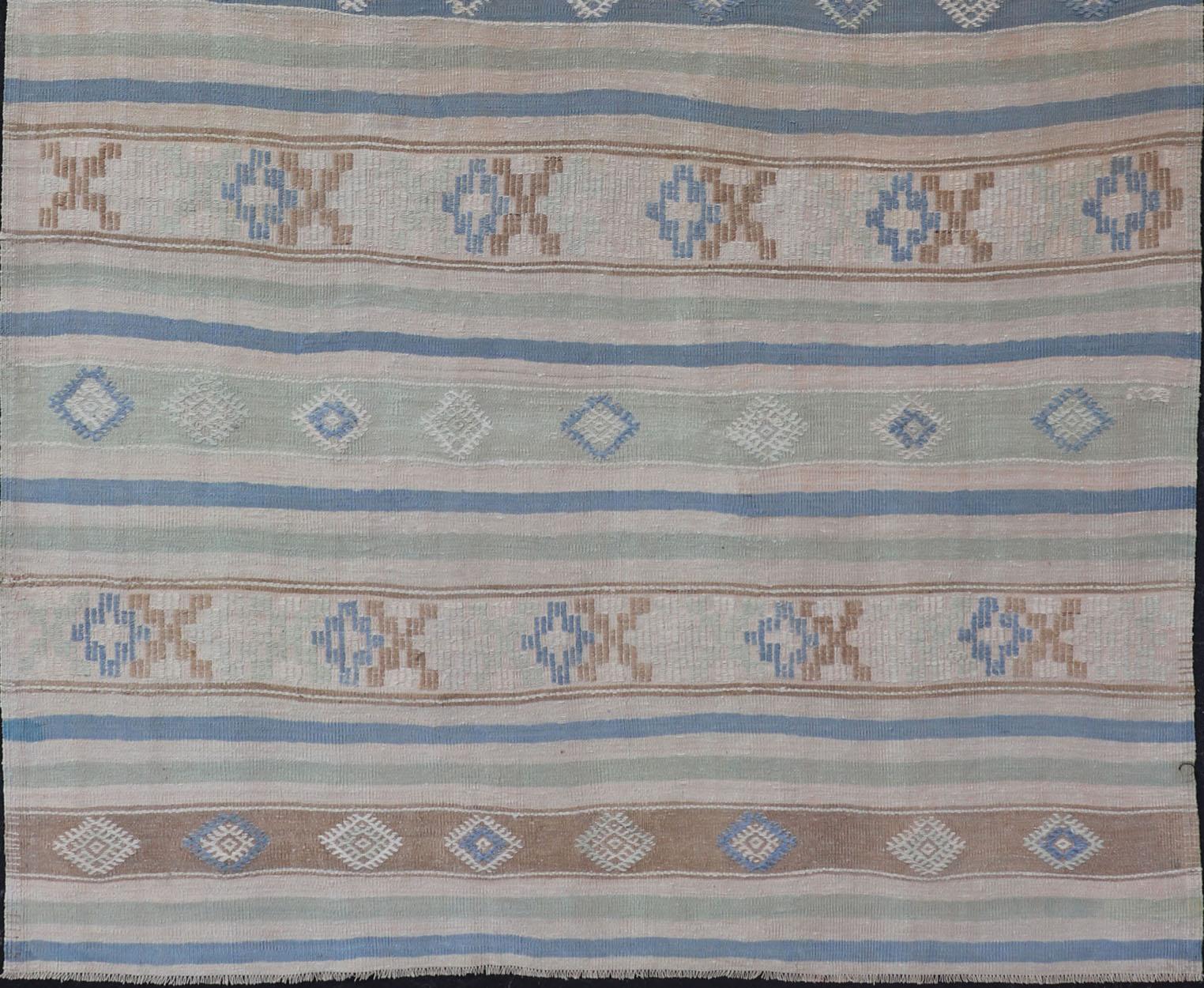 Wool Vintage Turkish Flat-Weave Kilim with Embroideries in Blue, Brown, and Cream For Sale