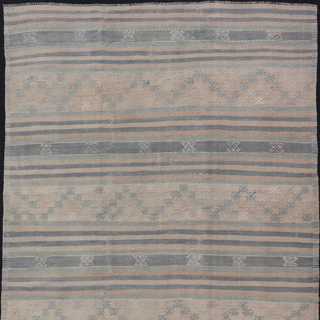 Wool Vintage Turkish Flat-Weave Kilim with Embroideries in Blue, Brown, and Cream For Sale