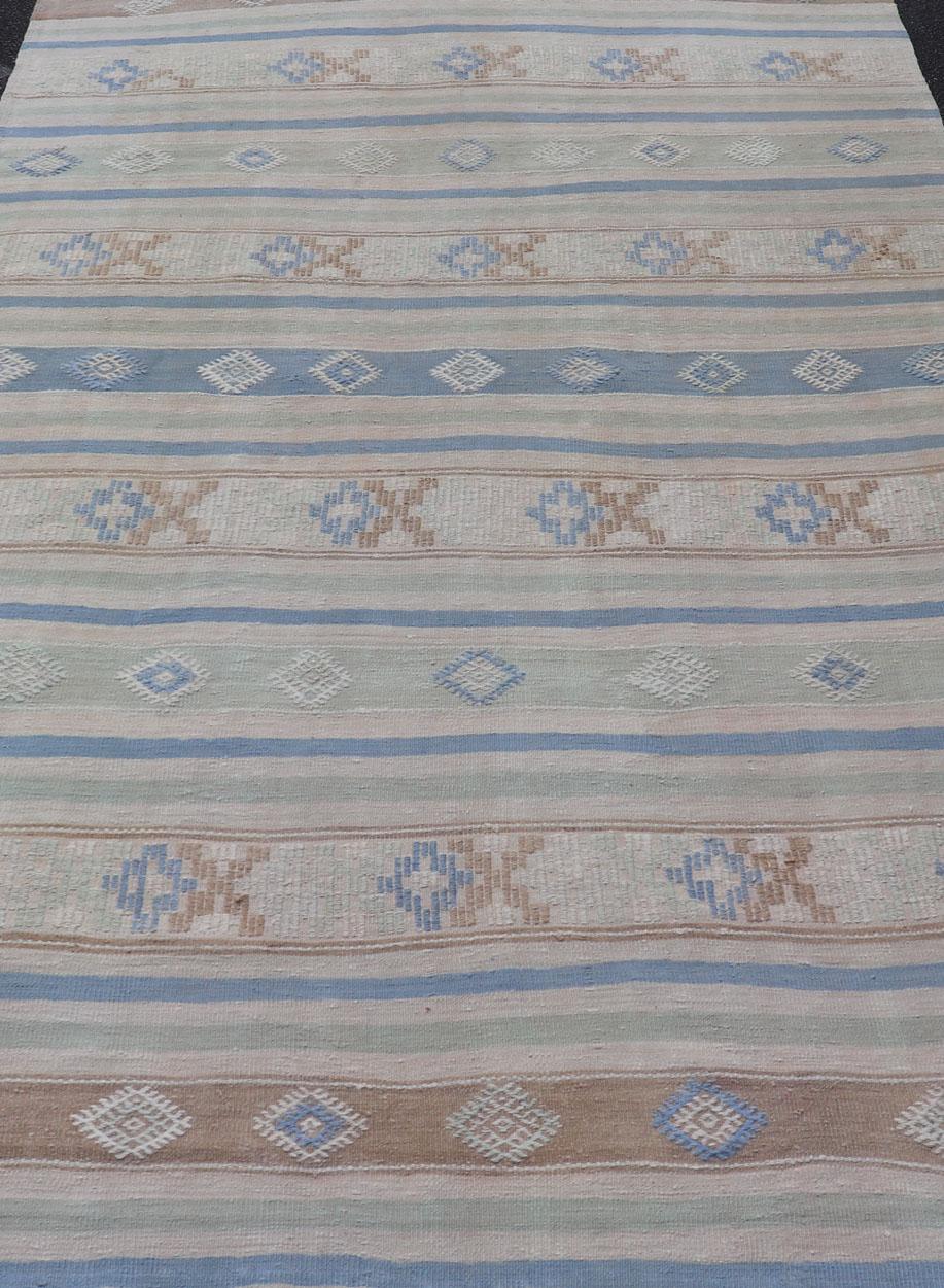 Vintage Turkish Flat-Weave Kilim with Embroideries in Blue, Brown, and Cream For Sale 1